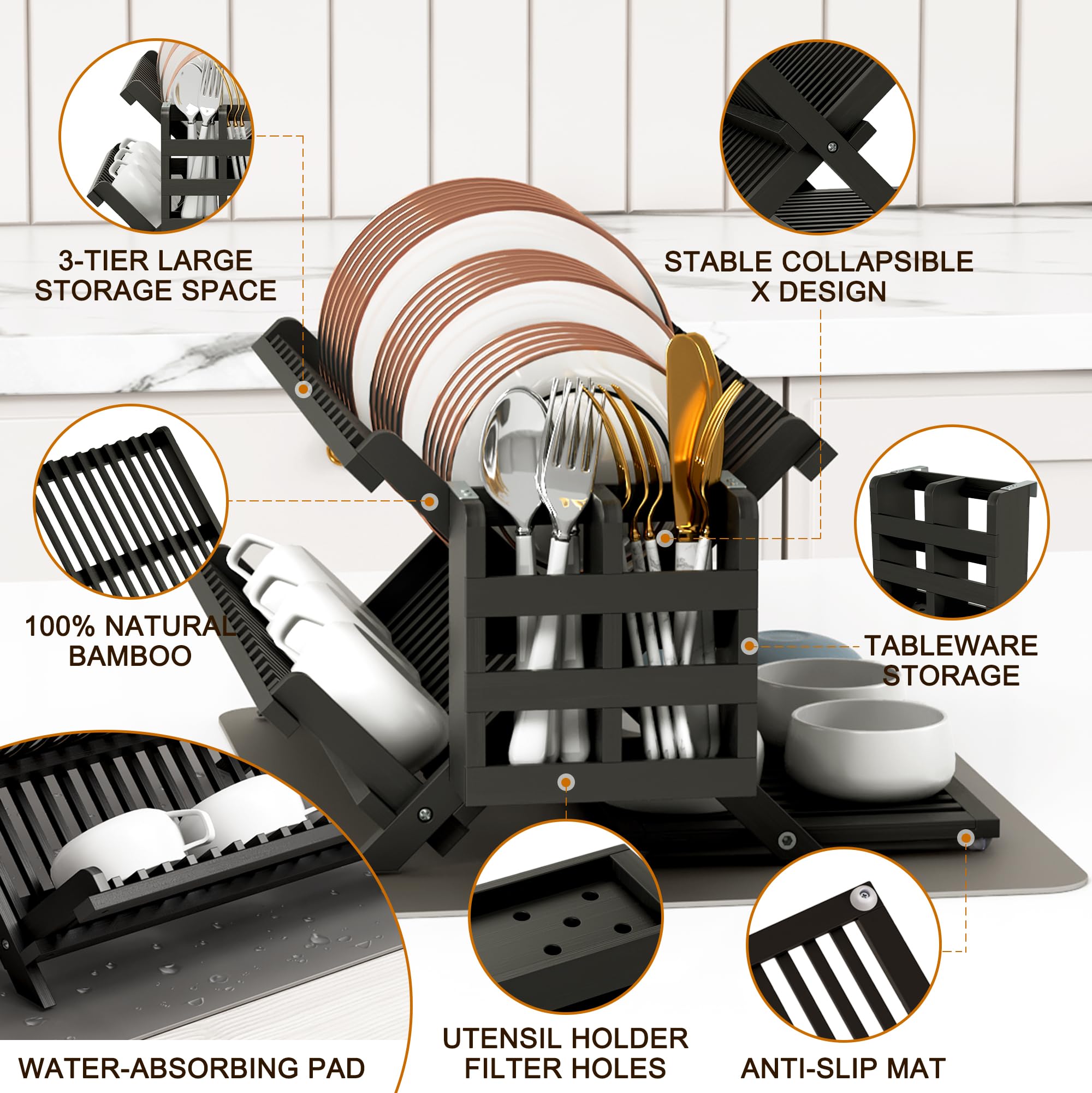 Black Bamboo Dish Drying Rack with Utensil Holder