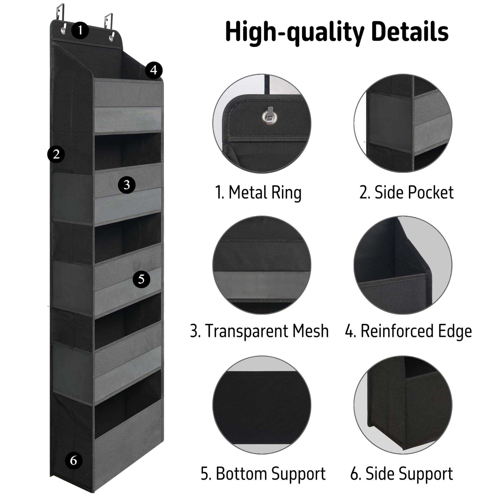 Black Over Door Organizer with 5 Large Clear Pockets and 6 Side Mesh Pockets