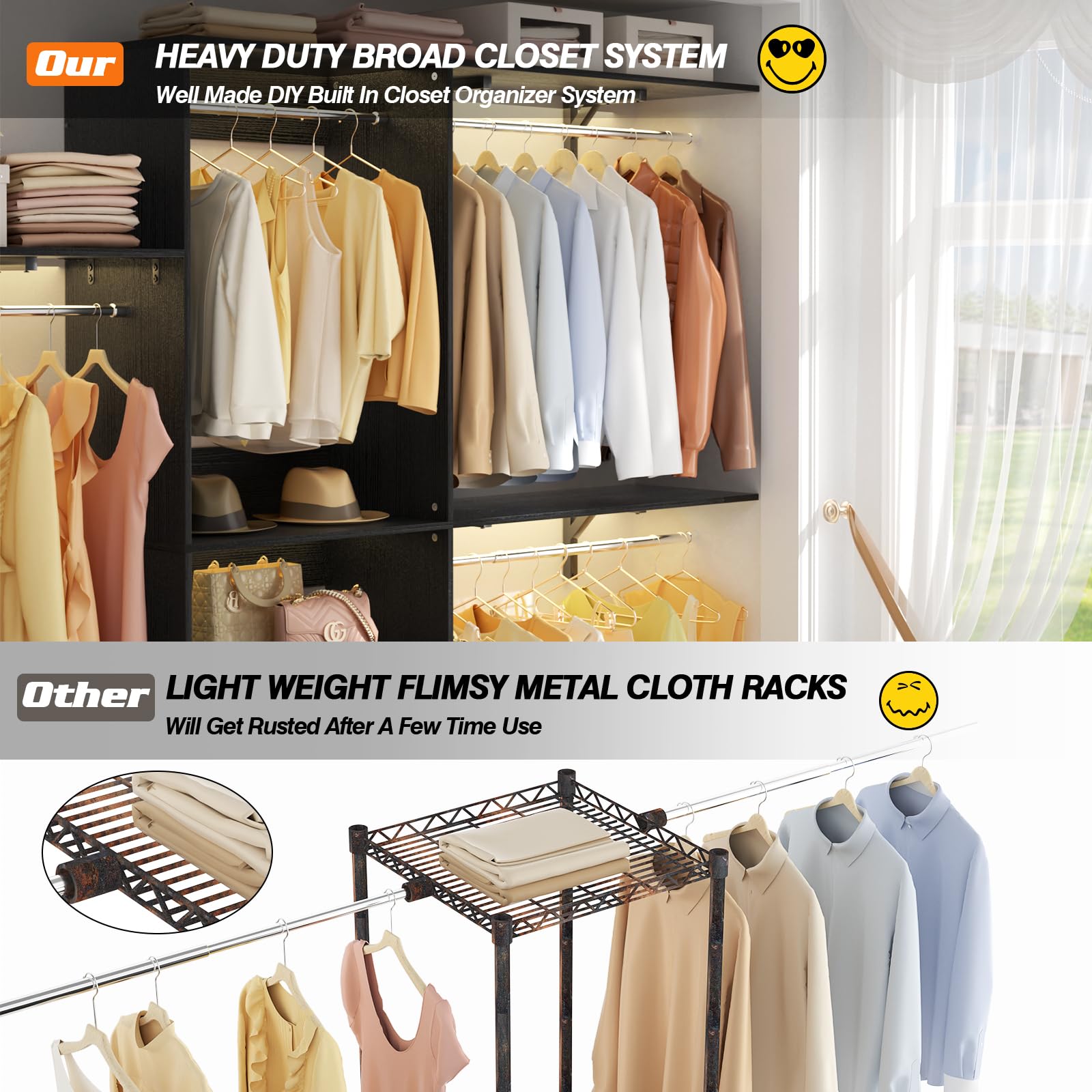 8FT Closet System with 3 Wooden Storage Shelves