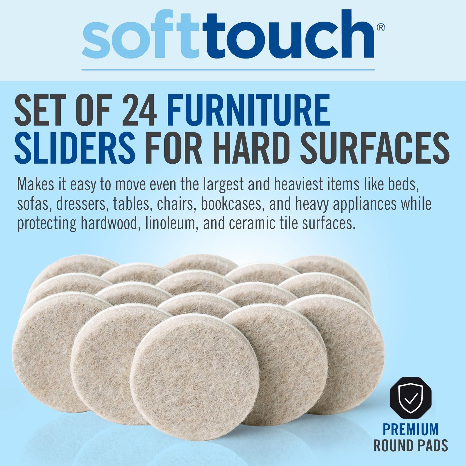 1.5" Round Reusable Felt Furniture Sliders for Hard Surfaces (24 Count)