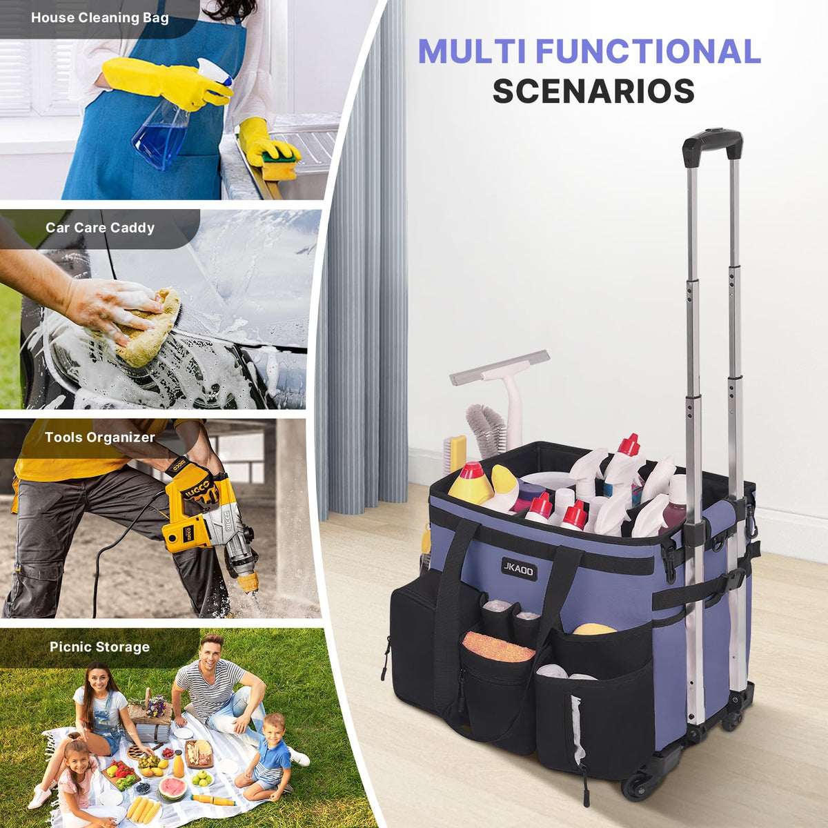 Large Rolling Cleaning Caddy Bag with Detachable Trolley