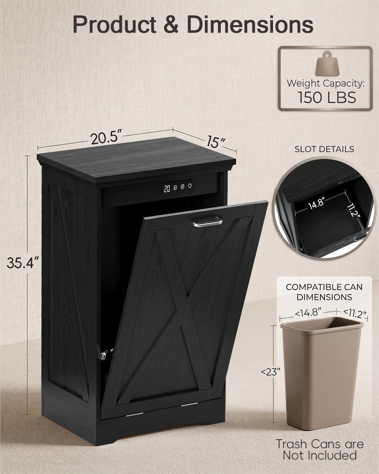 Single 13 Gallon Tilt Out Trash Can Cabinet with Deodorising Function