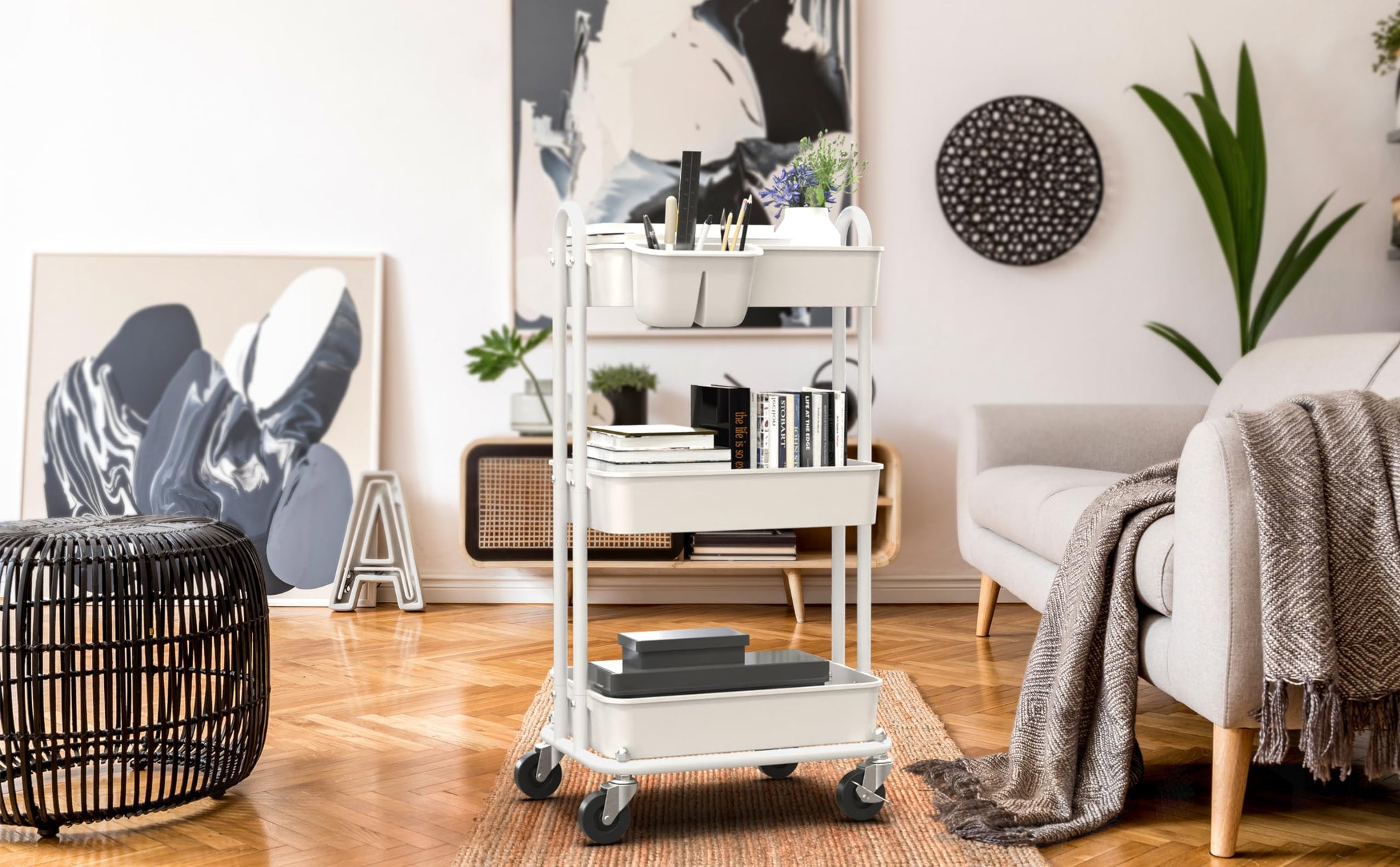 3 Tier Rolling Utility Cart with Hanging Bucket