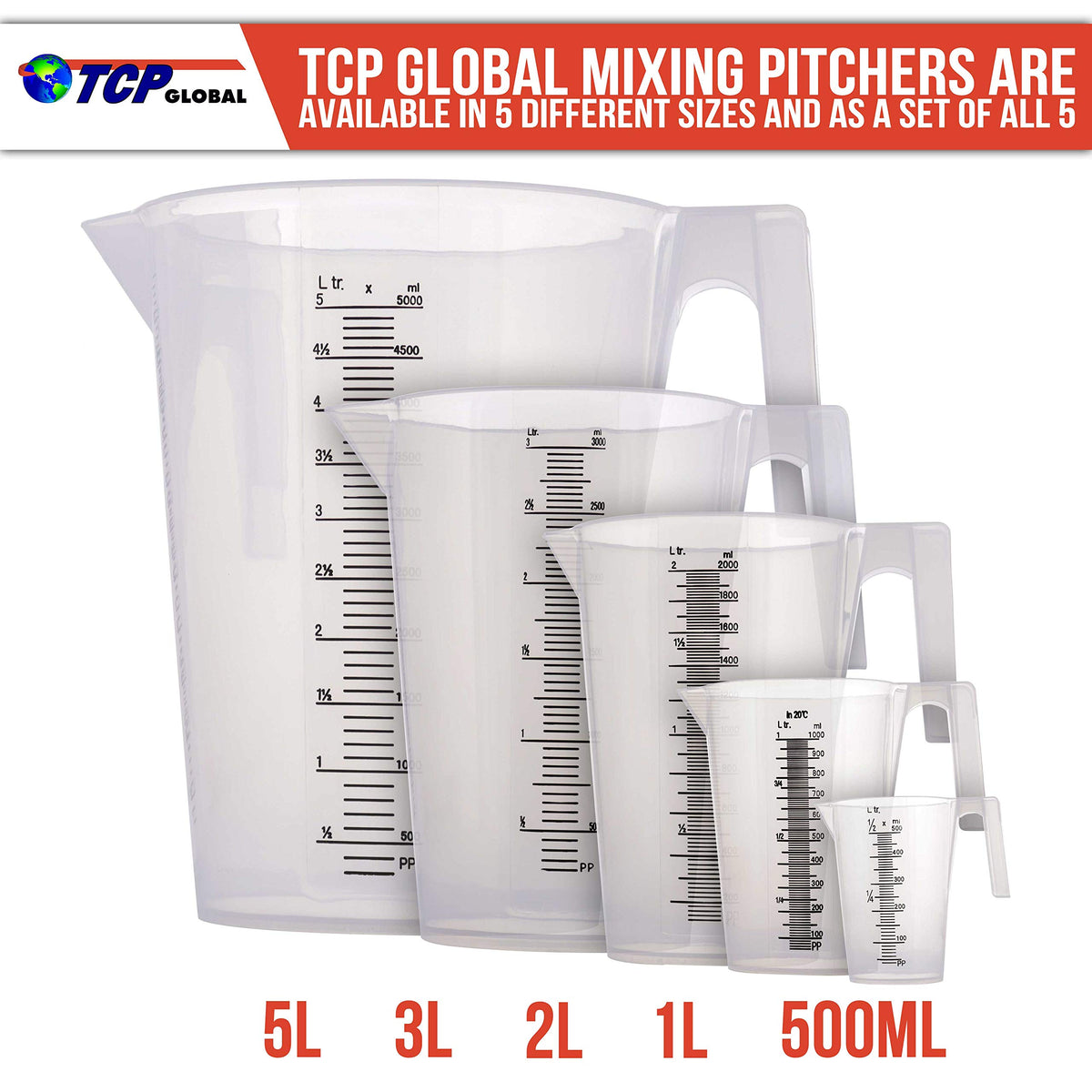 5 Piece Set of Plastic Graduated Measuring and Mixing Pitchers