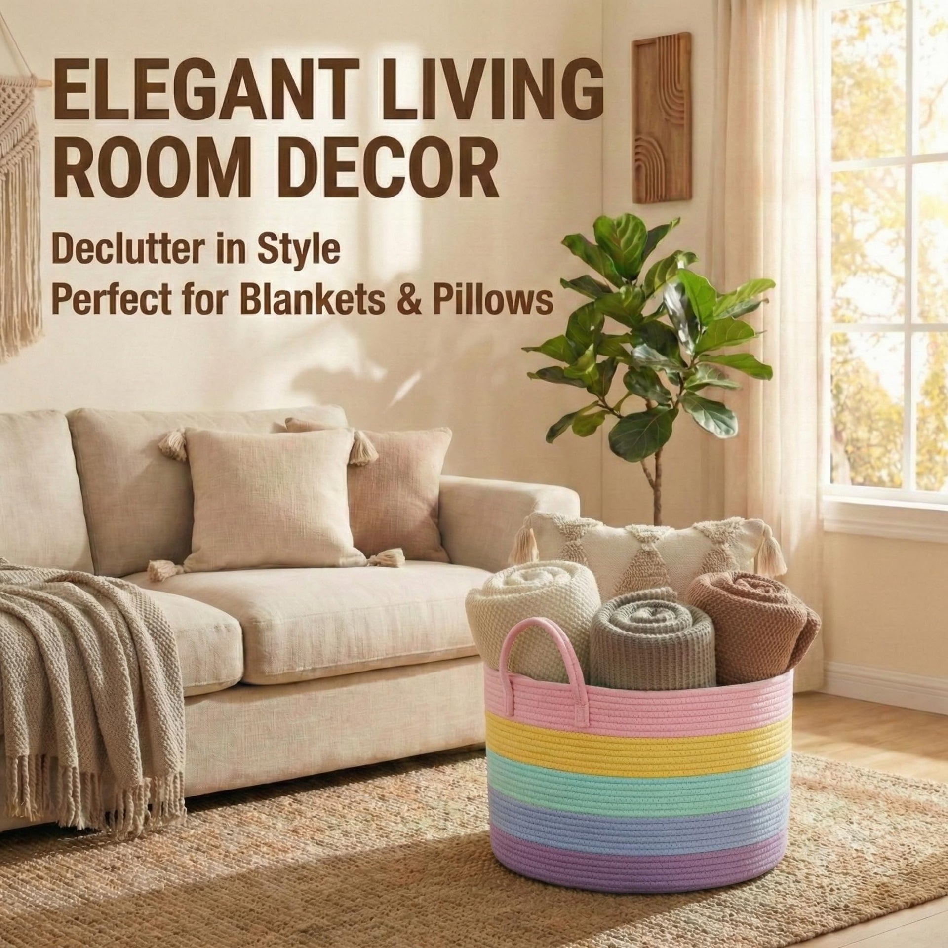 65L Extra Large Machine Washable Cotton Rope Blanket Basket