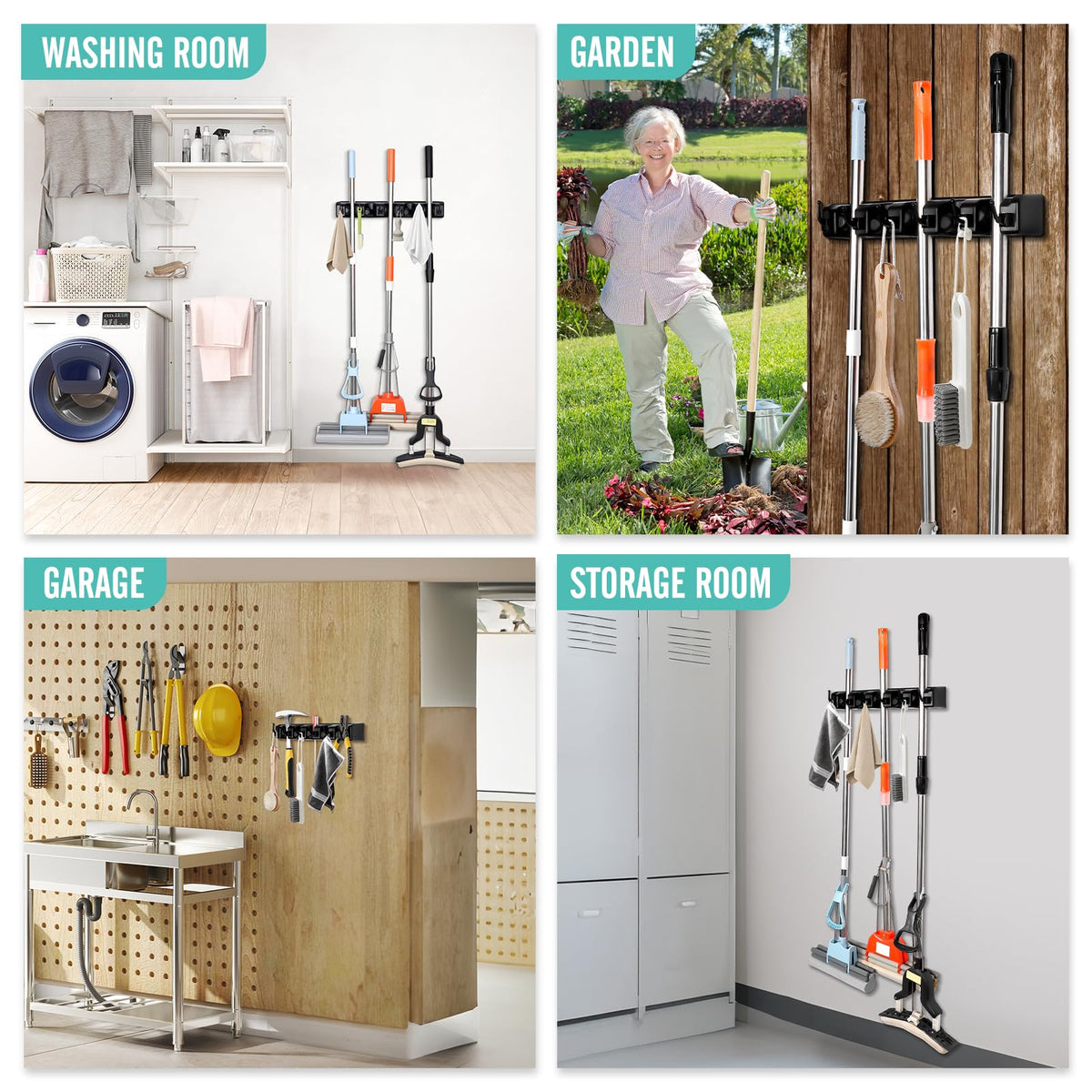 Wall Mount Broom Holder 5 Slots 6 Hooks Mop Organizer Rack