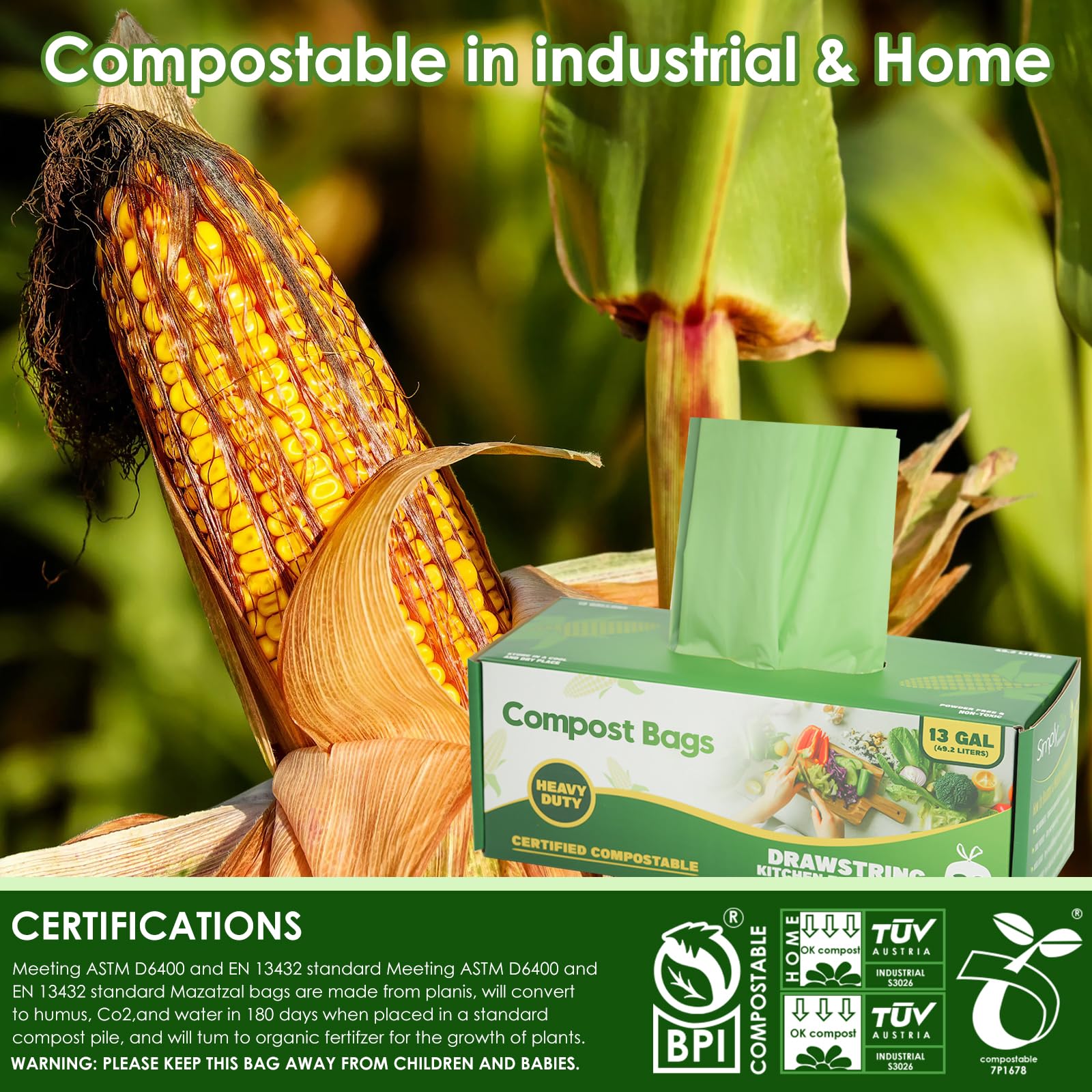10 13 Gallon Compostable Trash Bags with Drawstring (30 Count)