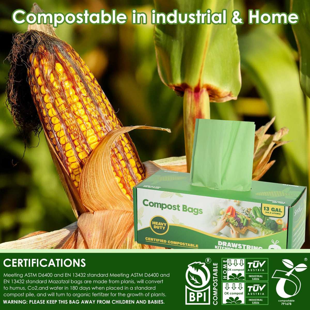 10 13 Gallon Compostable Trash Bags with Drawstring (30 Count)