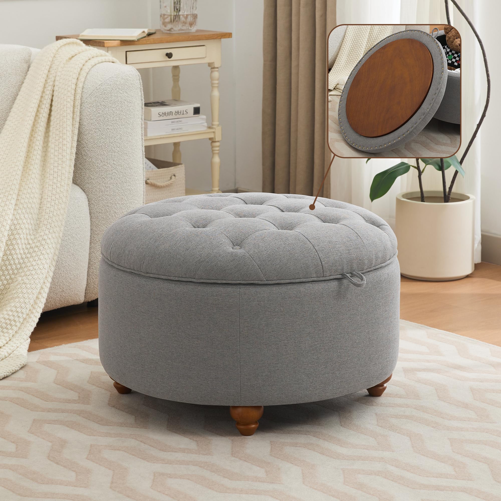 30Inch Round Storage Ottoman with Tray