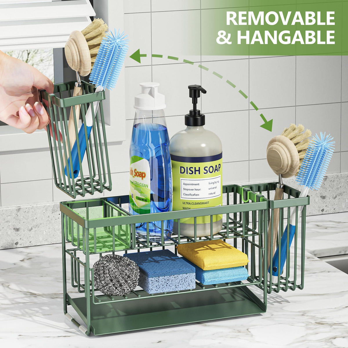 Sage Green 2 Tier Kitchen Sink Caddy Organzier Rack with Flexible Dish Brush Holder