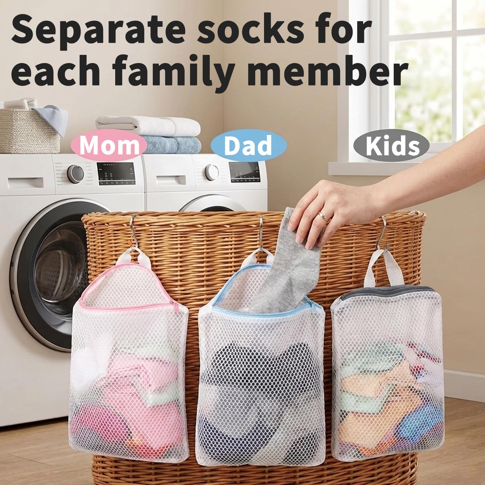 3Pcs Hanging Laundry Bags for Socks with S Hooks (3 Count)