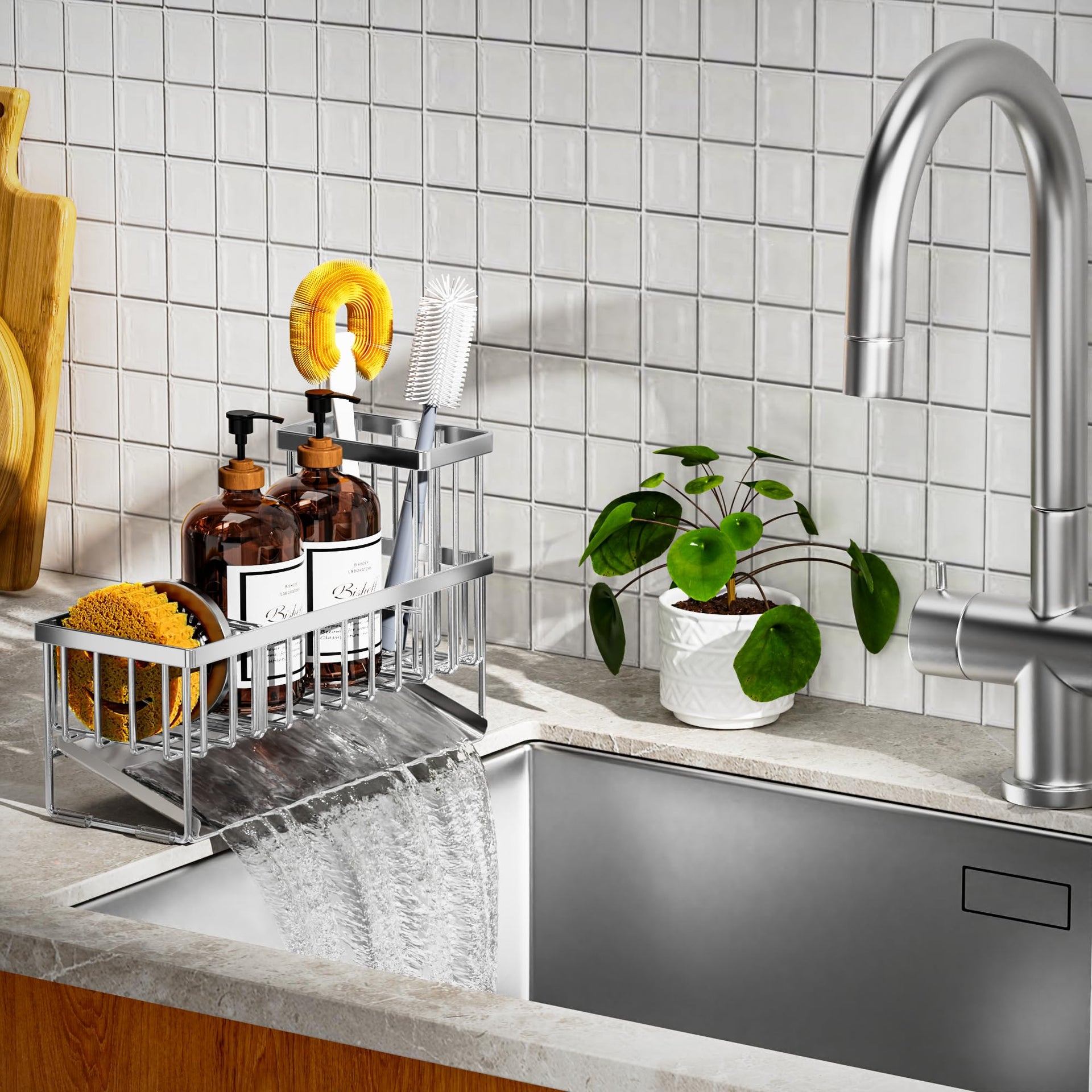 Extra Large Silver Kitchen Sink Caddy Organzier with High Brush Holder