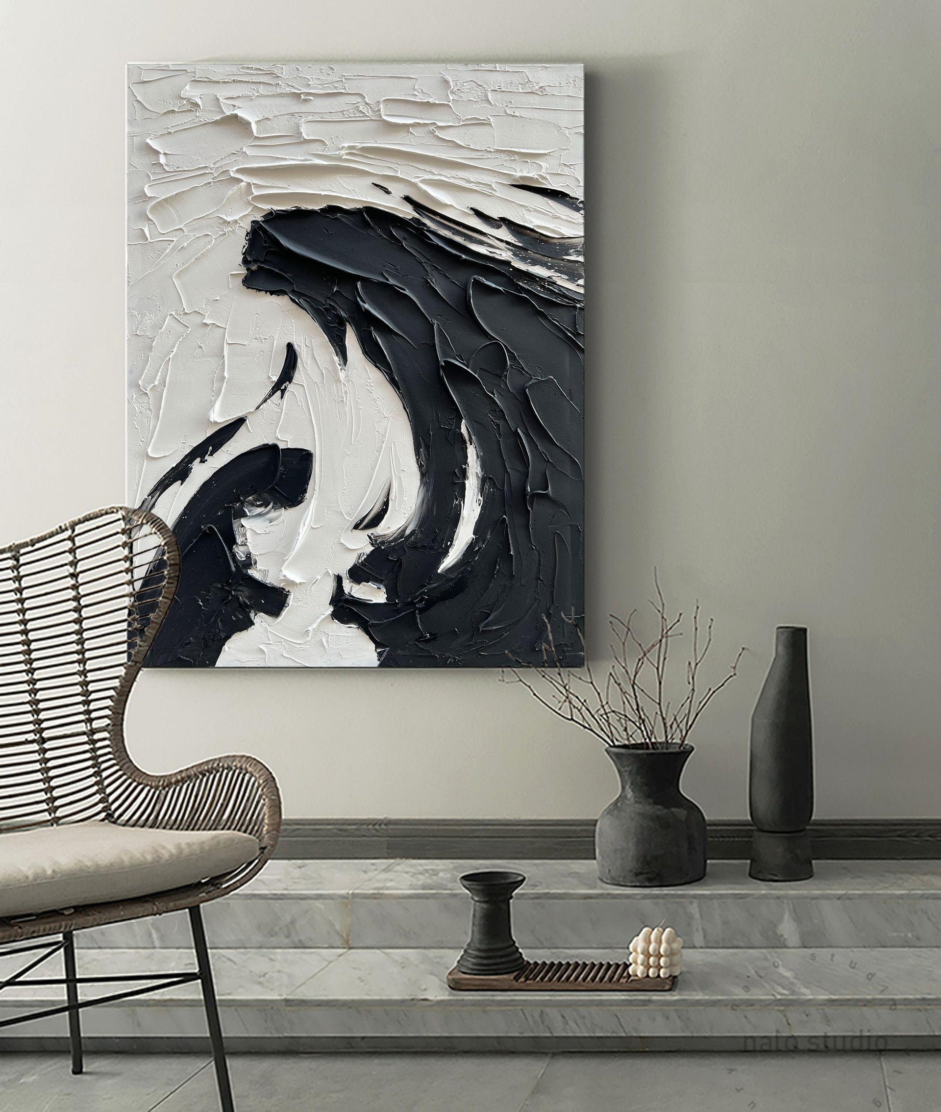 40x28 inch Minimalist Black and White Abstract Painting 100% Hand