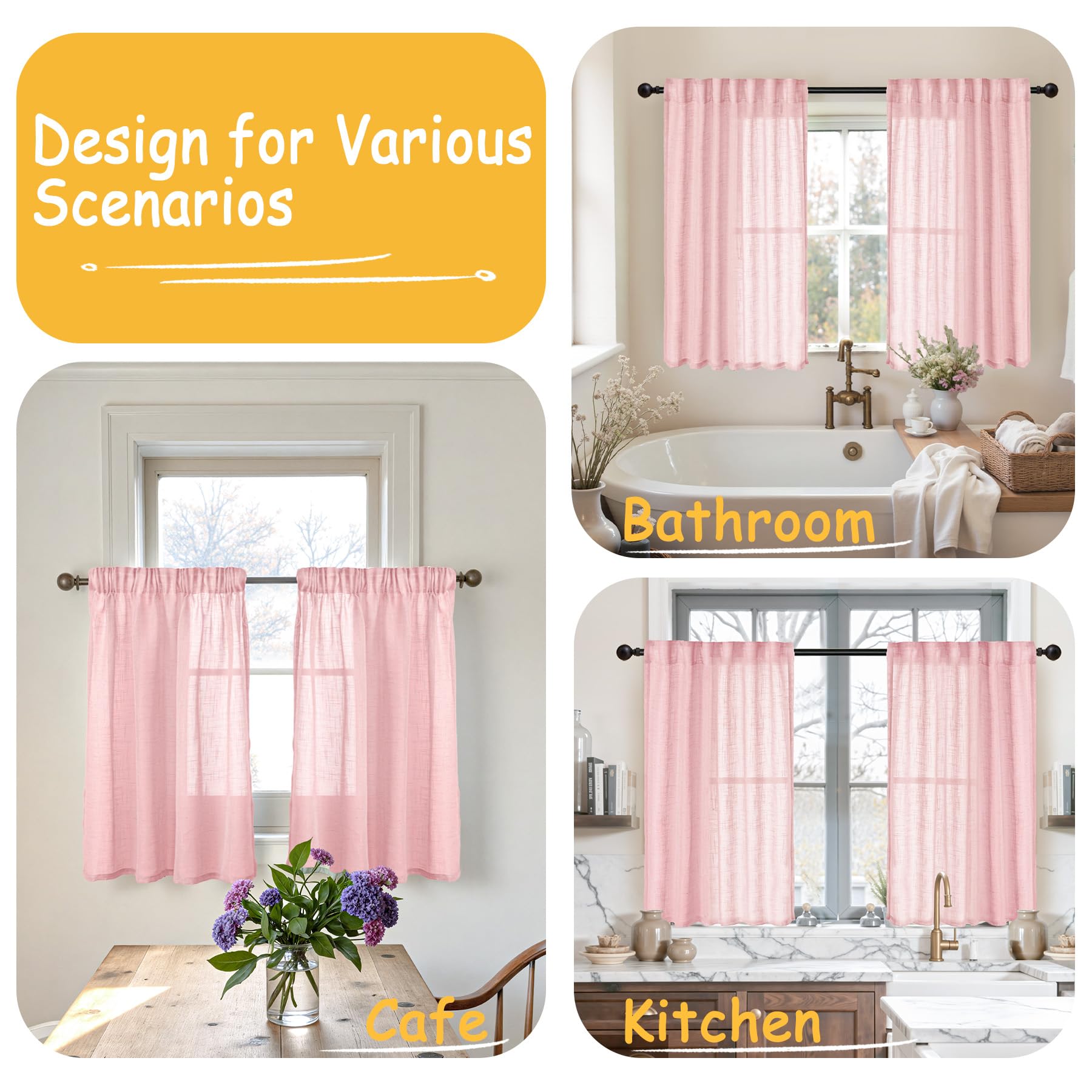 Light Pink Linen Kitchen Curtains 40 Inches Long (2 Count)