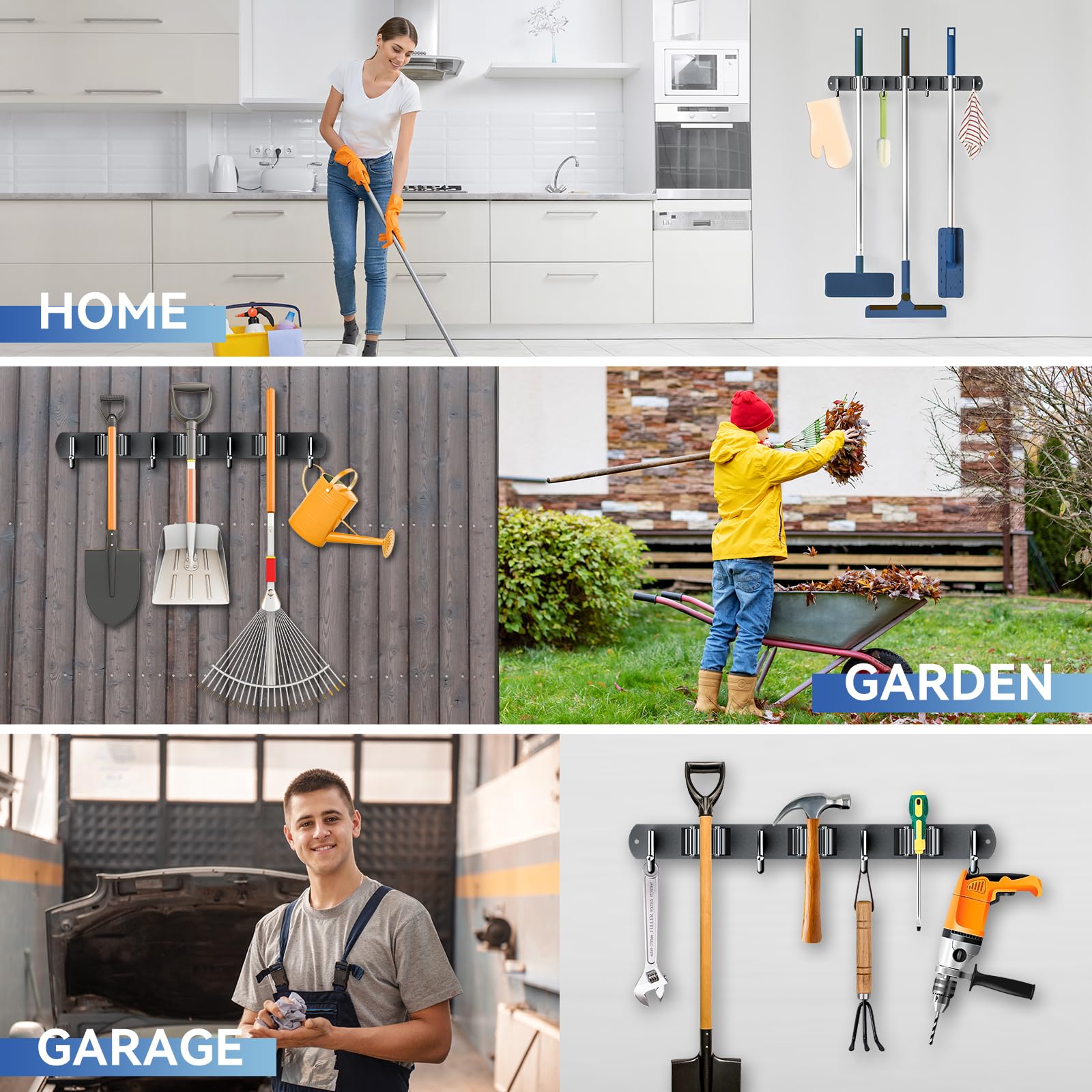 Wall Mount Broom Holder 3 Racks 4 Hooks Metal Tool Organizer Black