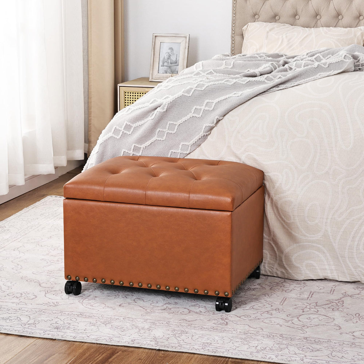 PU Leather Rolling Storage Ottoman