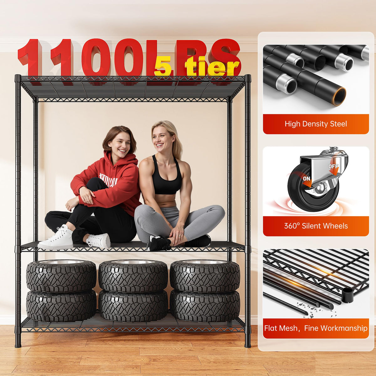 45"W 5 Tier Storage Shelves with Cover & Wheels