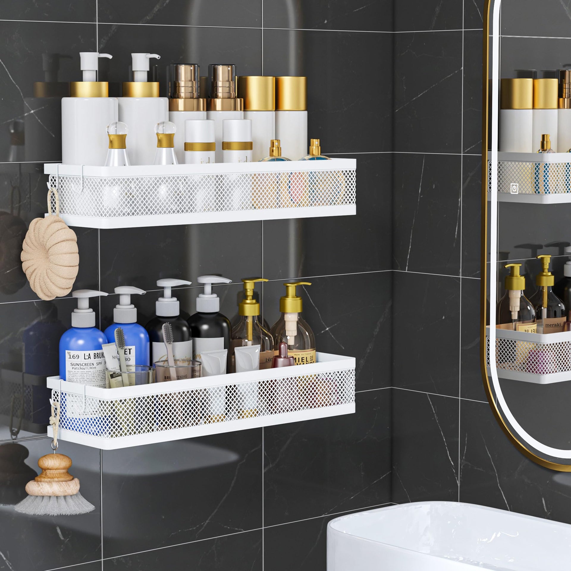5-in-1 16.5" Extra Long Slim Wall Mount Wrapped Mesh Kitchen Organizer & Shower Caddy Kit, with Paper Towel Holder, Utensil Holder, Soap Dish, Holds 50LBS - White, Netting