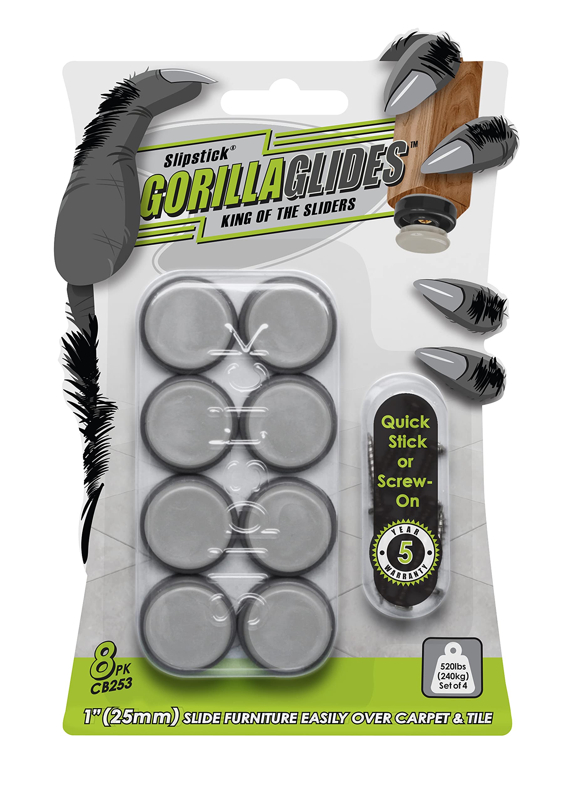 GorillaGlides CB253 1 Inch Chair Sliders (8 Count)