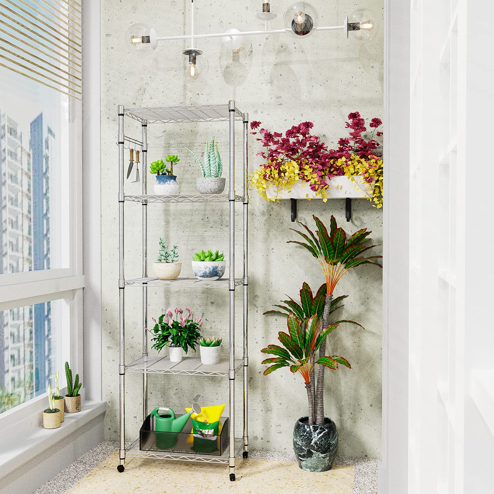 5 Tier Storage Shelf Wire Shelving Unit on Wheels Heavy Duty Metal Shelves Adjustable Steel Rack Organization for Kitchen Garage Basement