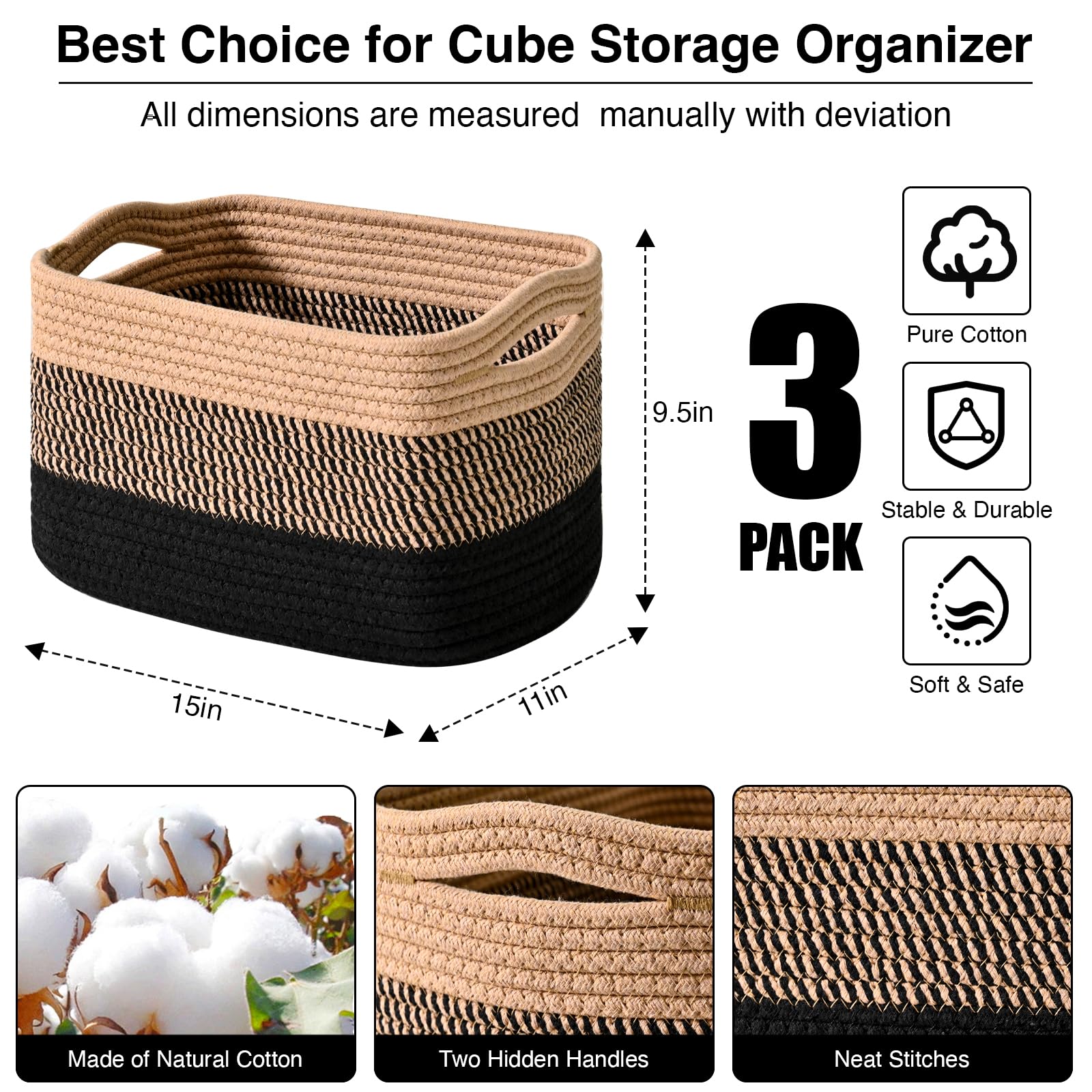 Storage Baskets for Organizing Shelves (3 Count)