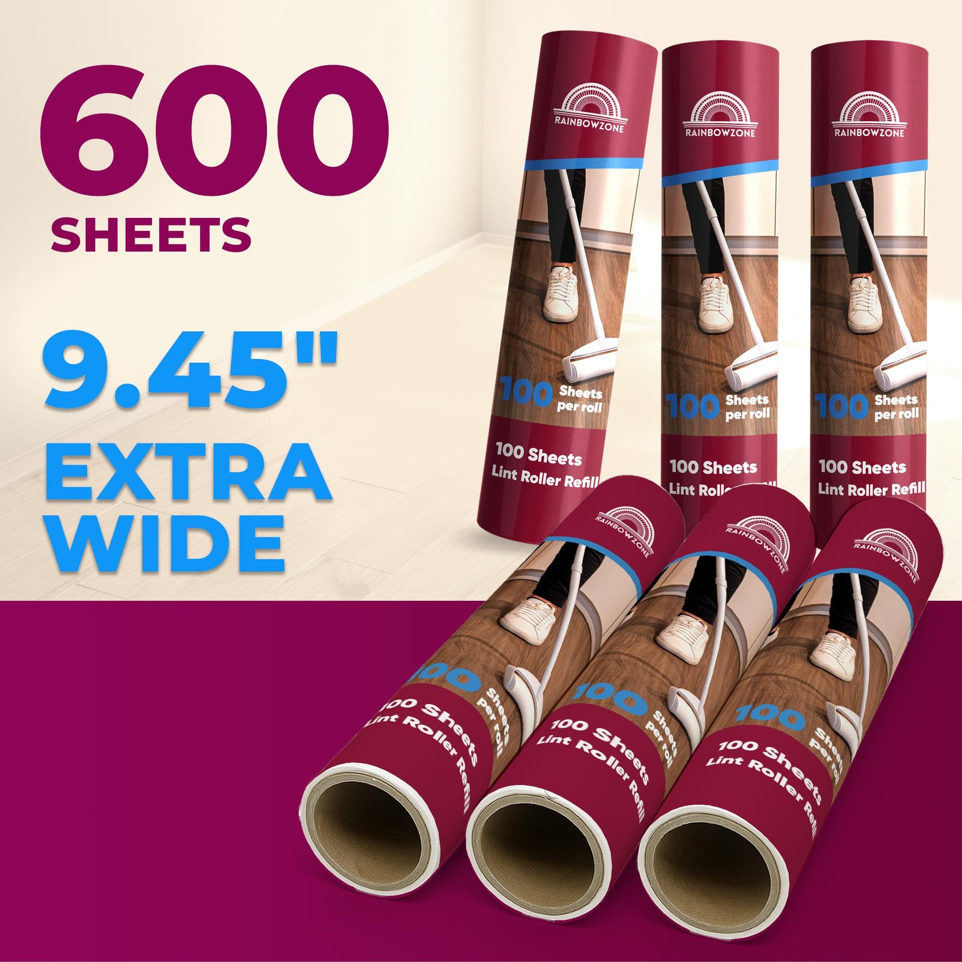 6 Rolls of 9.5'' Extra Wide Large Lint Roller Refills. Total 600 Extra Sticky Adhesive Peel Sheets