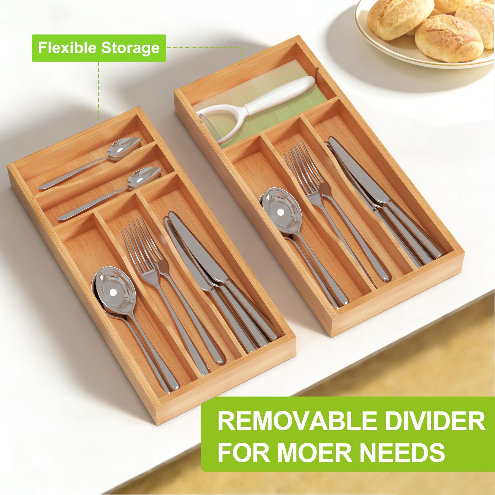 Bamboo Kitchen Silverware Organizer with Removable Divider