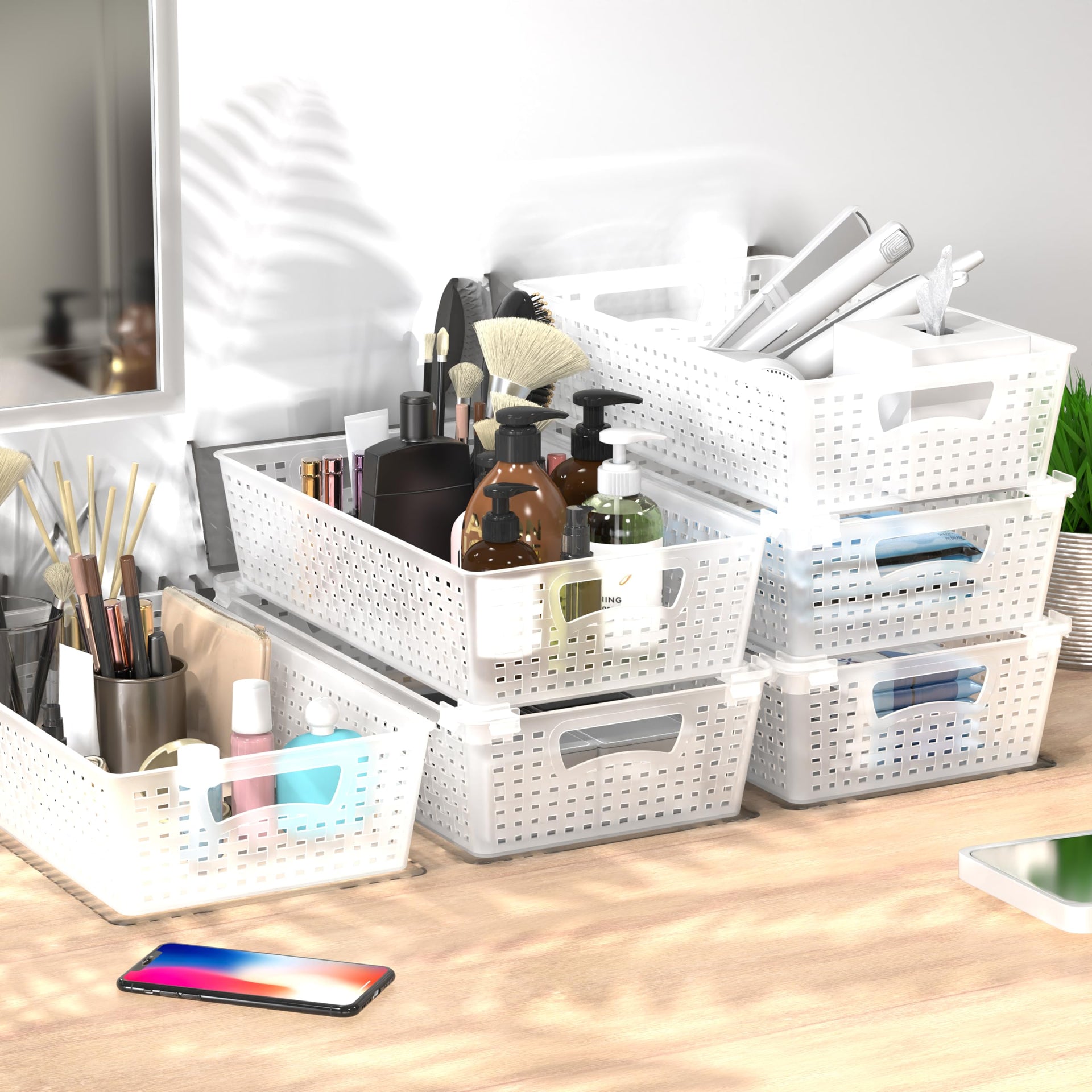 Stackable Plastic Woven Basket Organizer (6 Count)