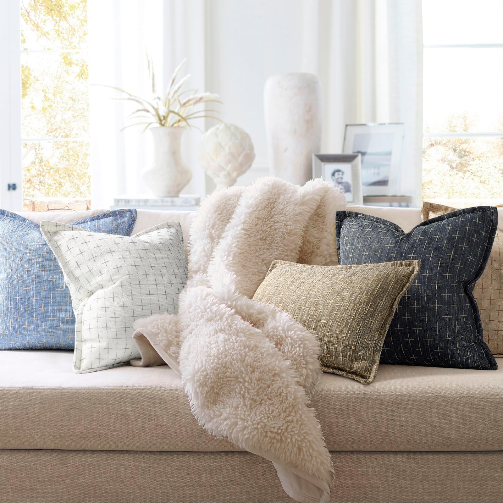 12x20 Pillow Covers Set of 2 Soft Polyester Textured Pillow Covers with Stylish Flange Edge Cozy Farmhouse Throw Pillows for Couch Bed Sofa Living Room (2 Count)
