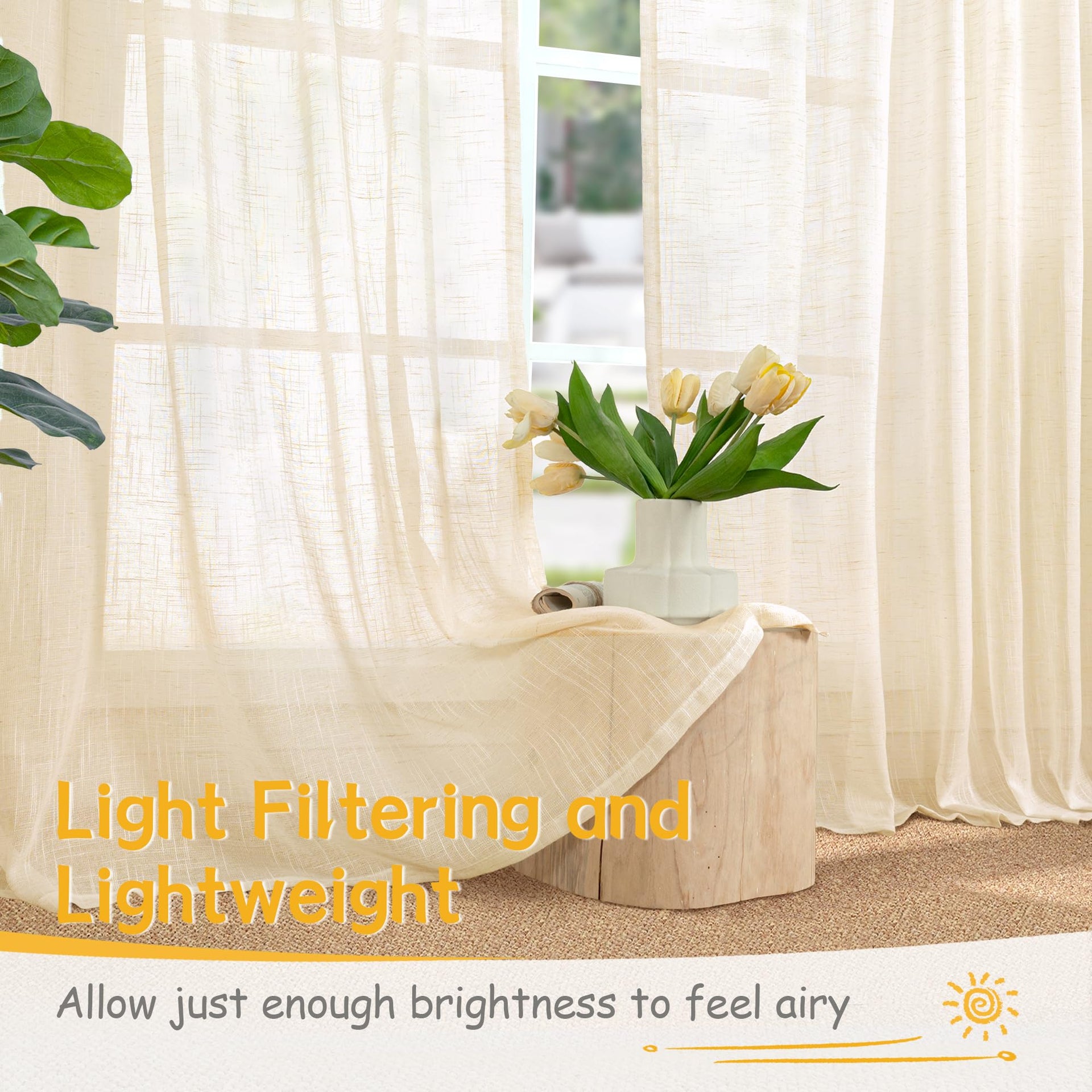 Linen Semi Sheer Curtains 72 Inch Length Cream Beige Drapes (2 Count)