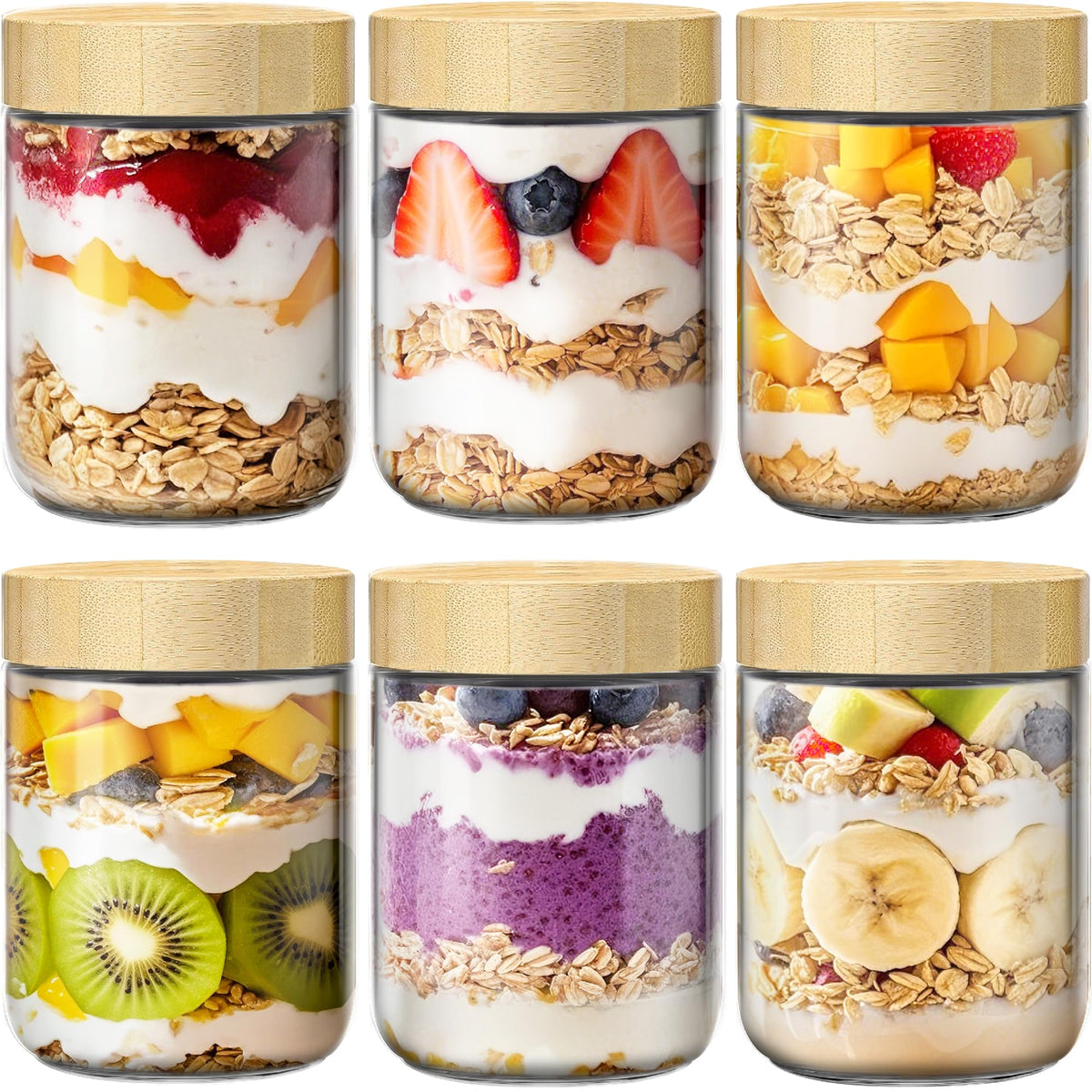 16 oz Overnight Oats Containers with Bamboo Lids (6 Count)
