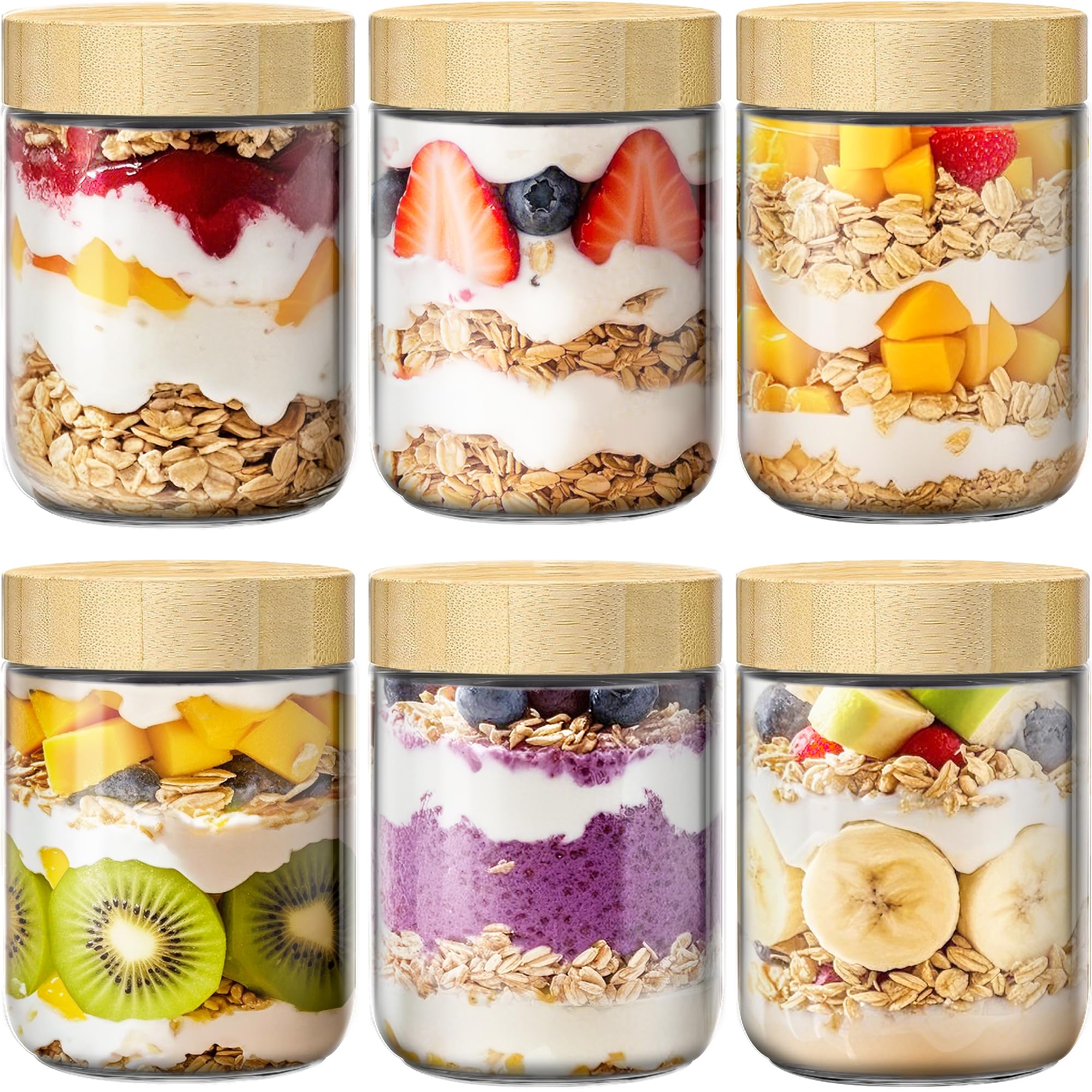 16 oz Overnight Oats Containers with Bamboo Lids (6 Count)