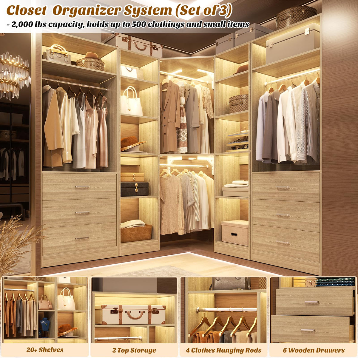 Corner Closet System with 6 Drawers