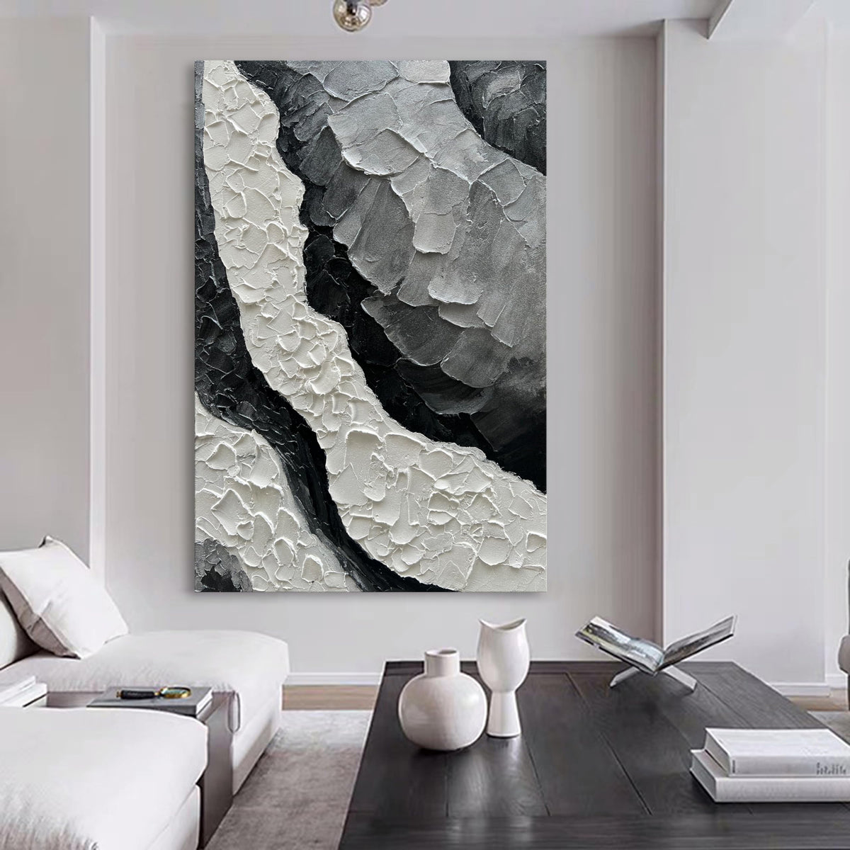 Art Hand Painted Thick Texture Black and White Minimalist Oil Painting 45x30 inch Large Office Corridor Living Room Wall Decorative Art Painting