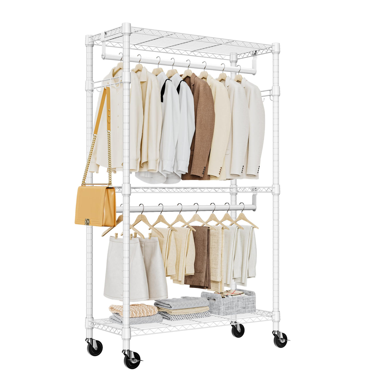 Heavy Duty Rolling Garment Rack 3 Tiers Adjustable Wire Shelving Clothes Rack with 2 Rods and Side Hooks