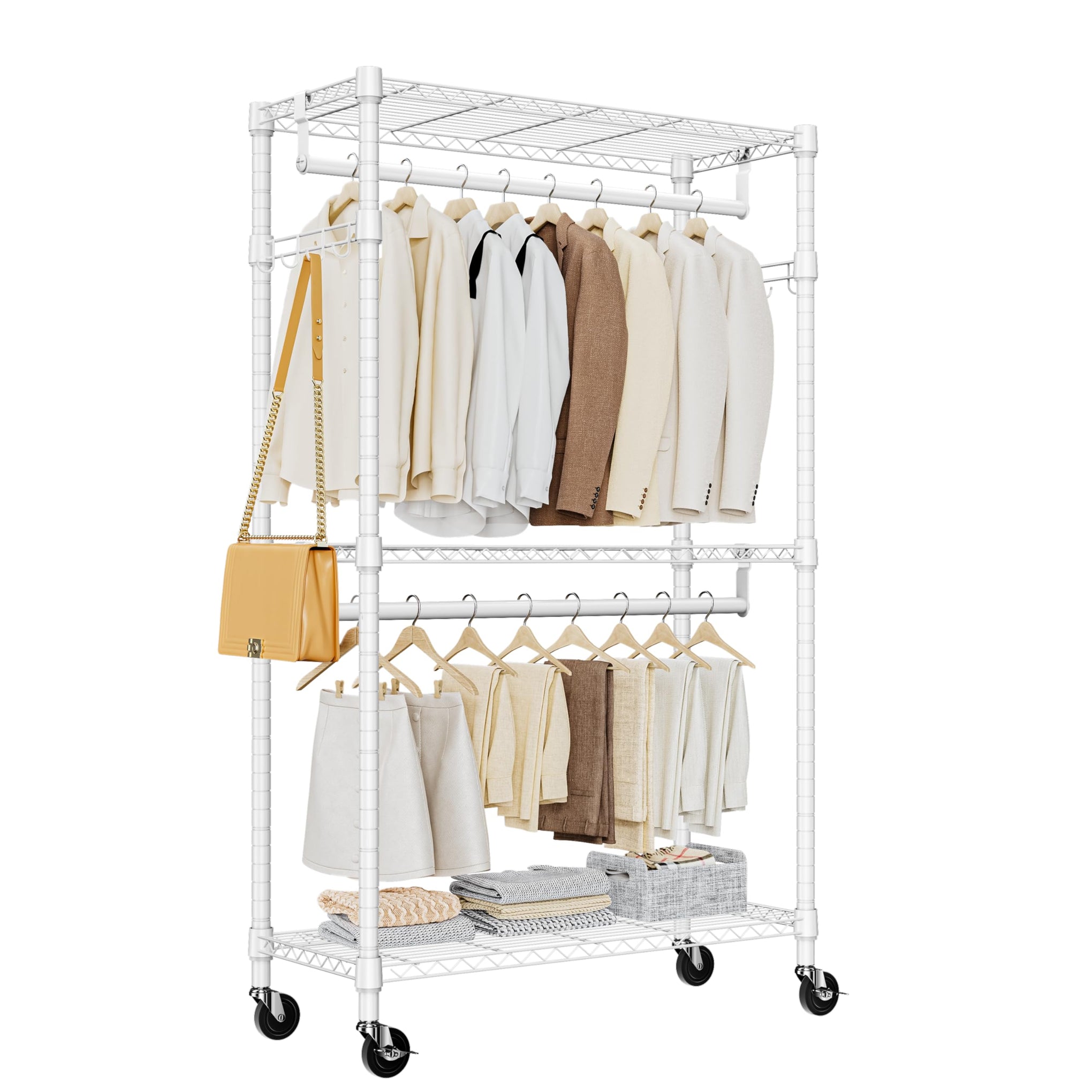 Heavy Duty Rolling Garment Rack 3 Tiers Adjustable Wire Shelving Clothes Rack with 2 Rods and Side Hooks