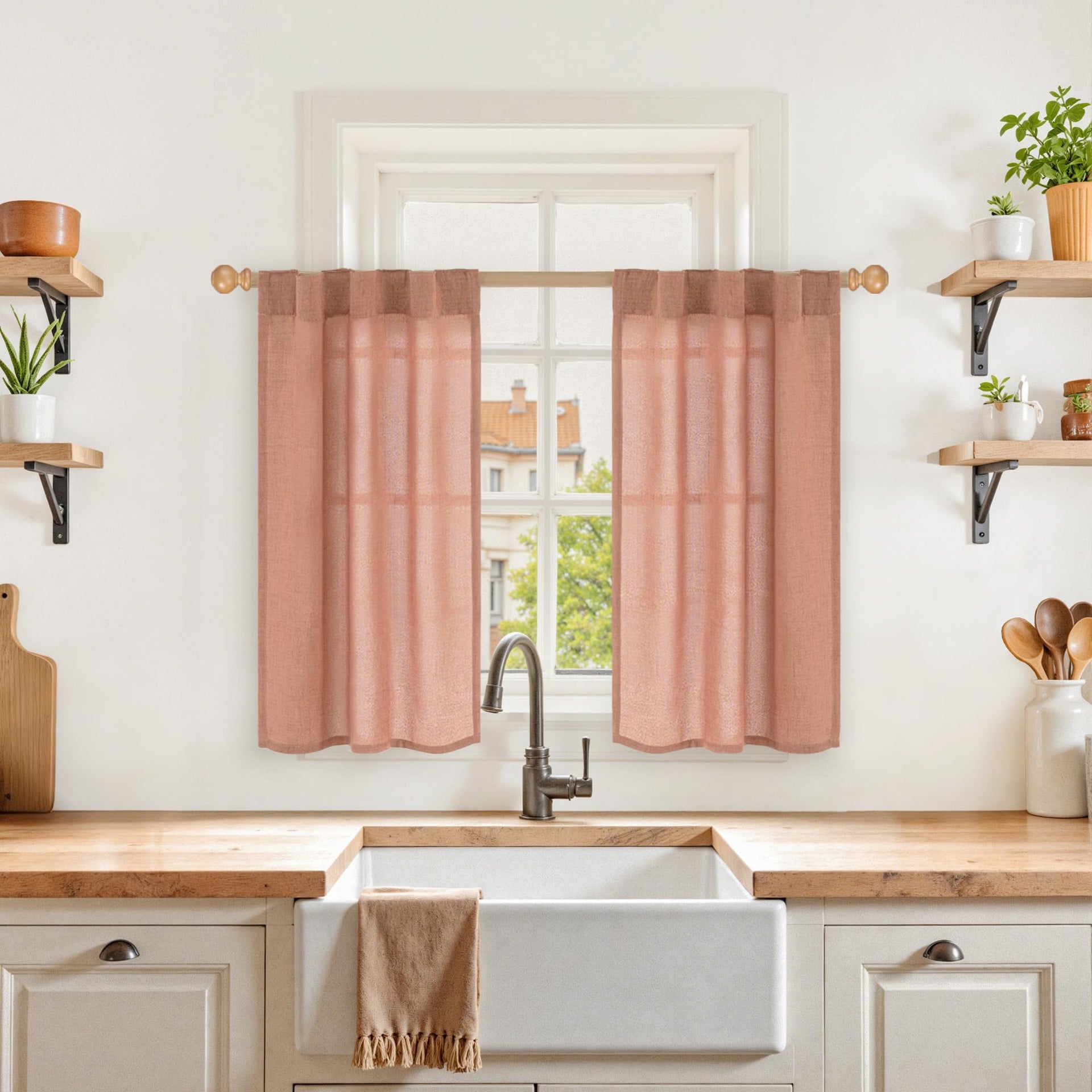 Terracotta Linen Cafe Curtains 36 Inch Length Small Drapes (2 Count)