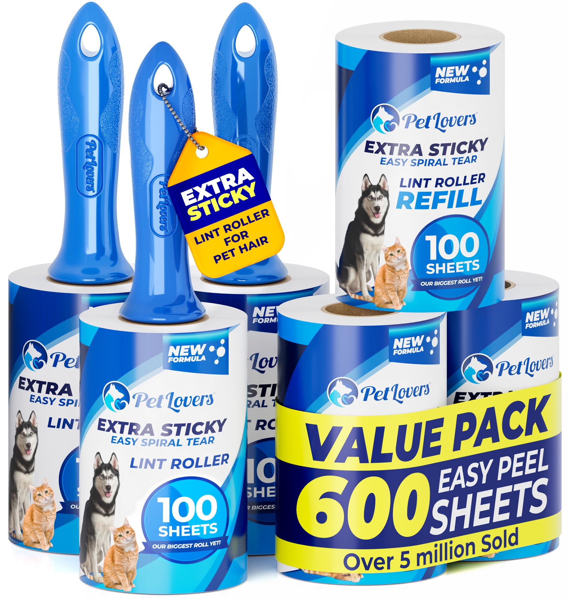 Extra Sticky Lint Roller Mega Value Set 600 Sheets for Pet Hair Removal (6 Count)