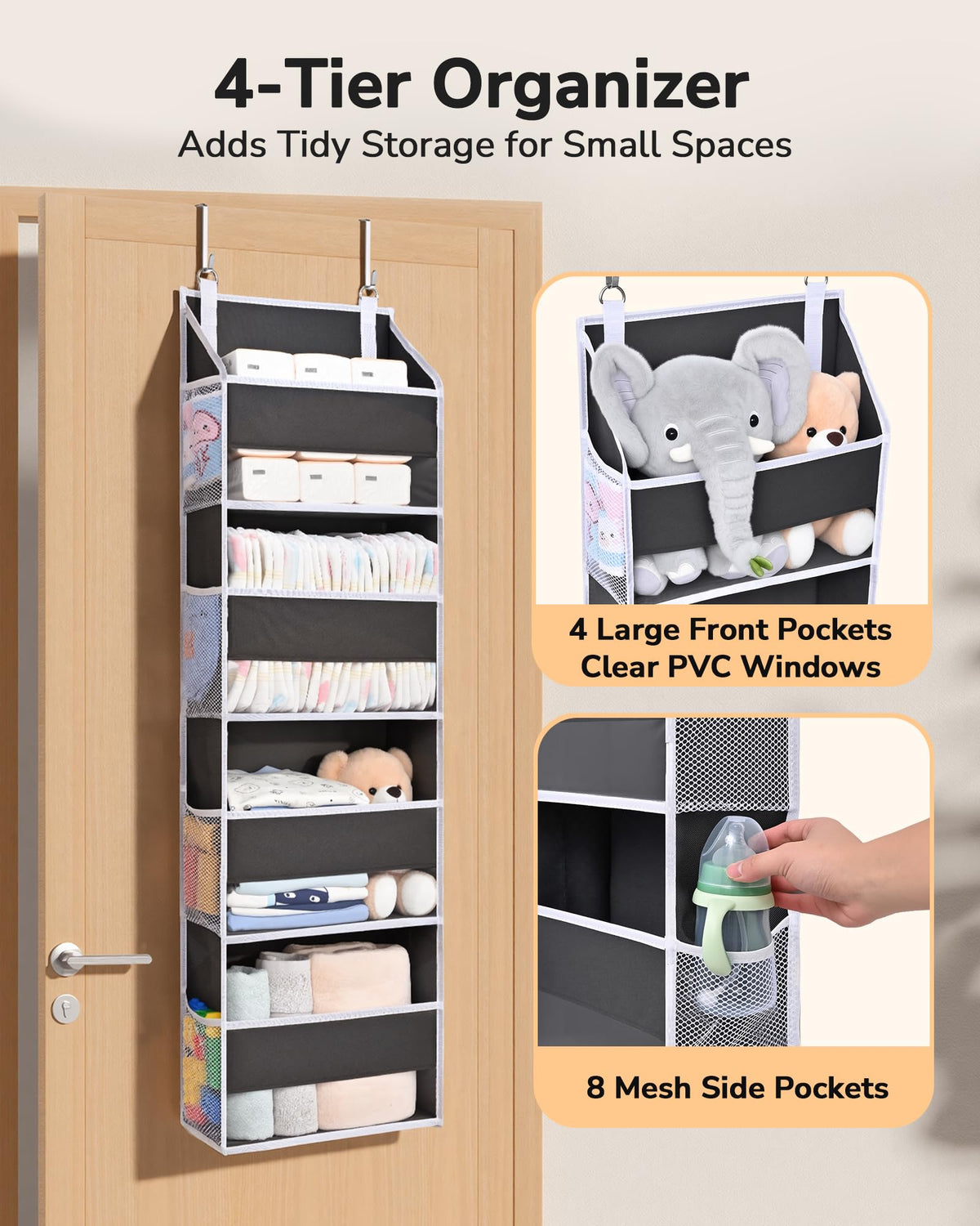 1 Pack Small Over Door Organizer with 4 Large Pockets 8 Mesh Side Pockets