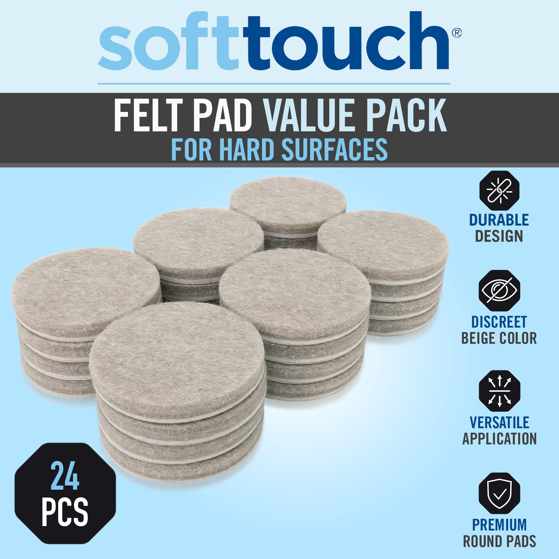 1.5" Round Reusable Felt Furniture Sliders for Hard Surfaces (24 Count)