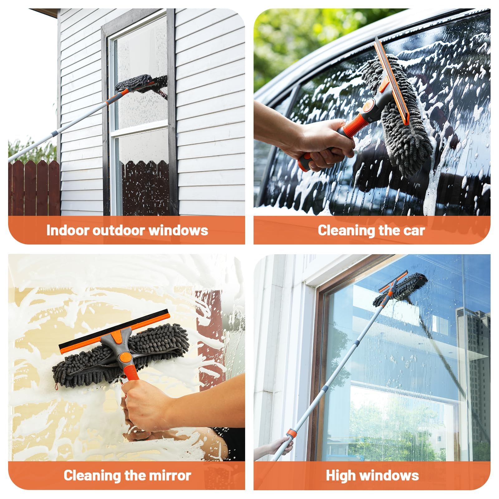 65'' Squeegee Window Cleaner 2 in 1 Rotatable Window Cleaning Tool Kit with Telescopic Pole