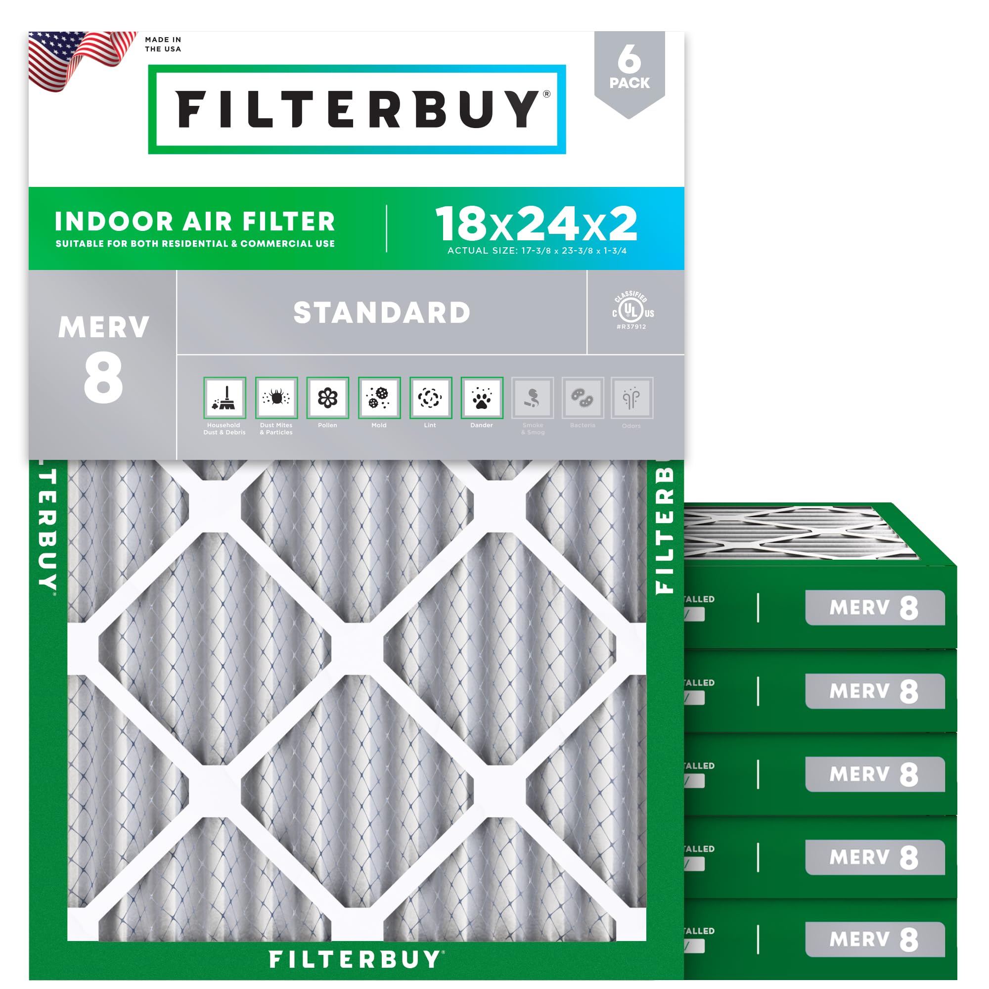 18x24x2 Air Filter MERV 8 Dust & Allergy Defense (6 Count)