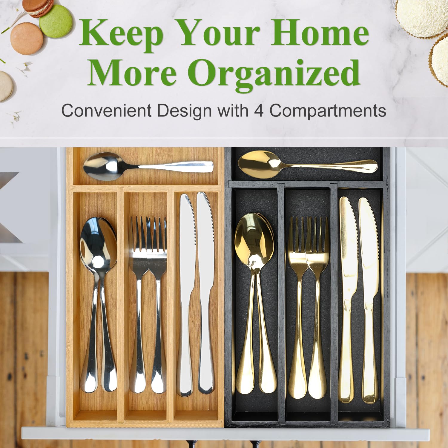 Small Black Wooden Silverware Tray Narrow Kitchen Drawer Utensil Organizer