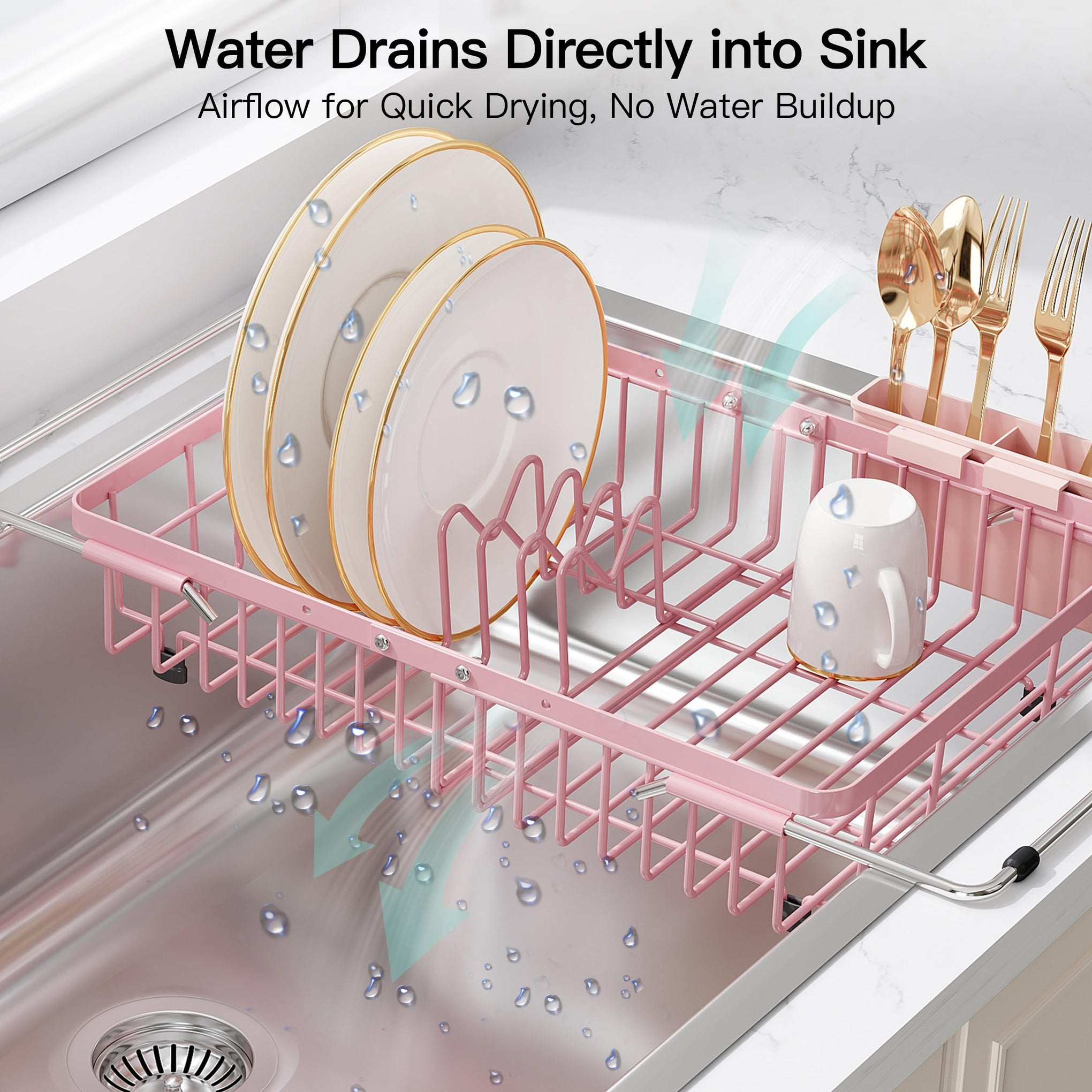 Pink Dish Drying Rack Over the Sink with Utensil Holder