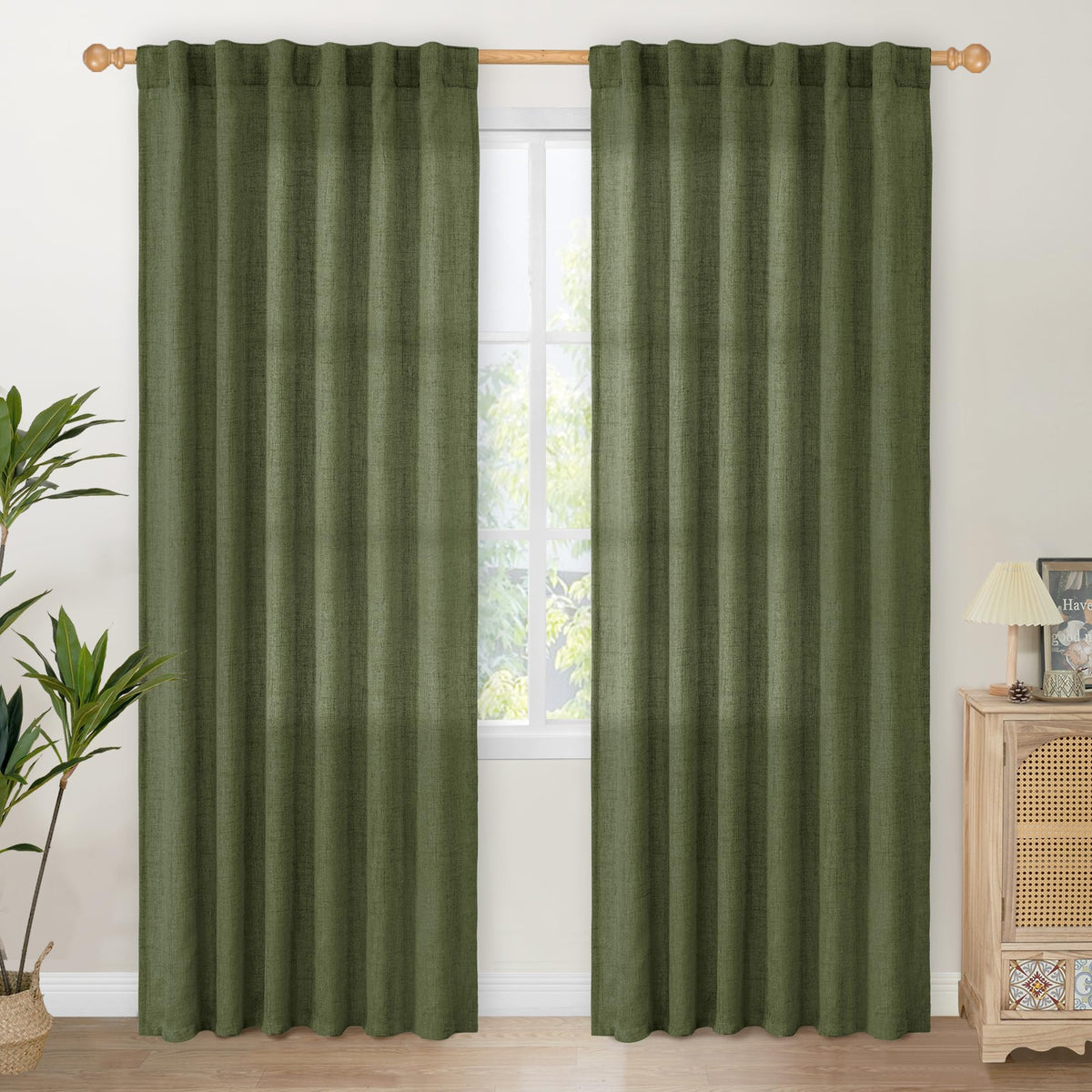 Olive Green Linen Curtains 80 Inch Length for Living Room (2 Count)