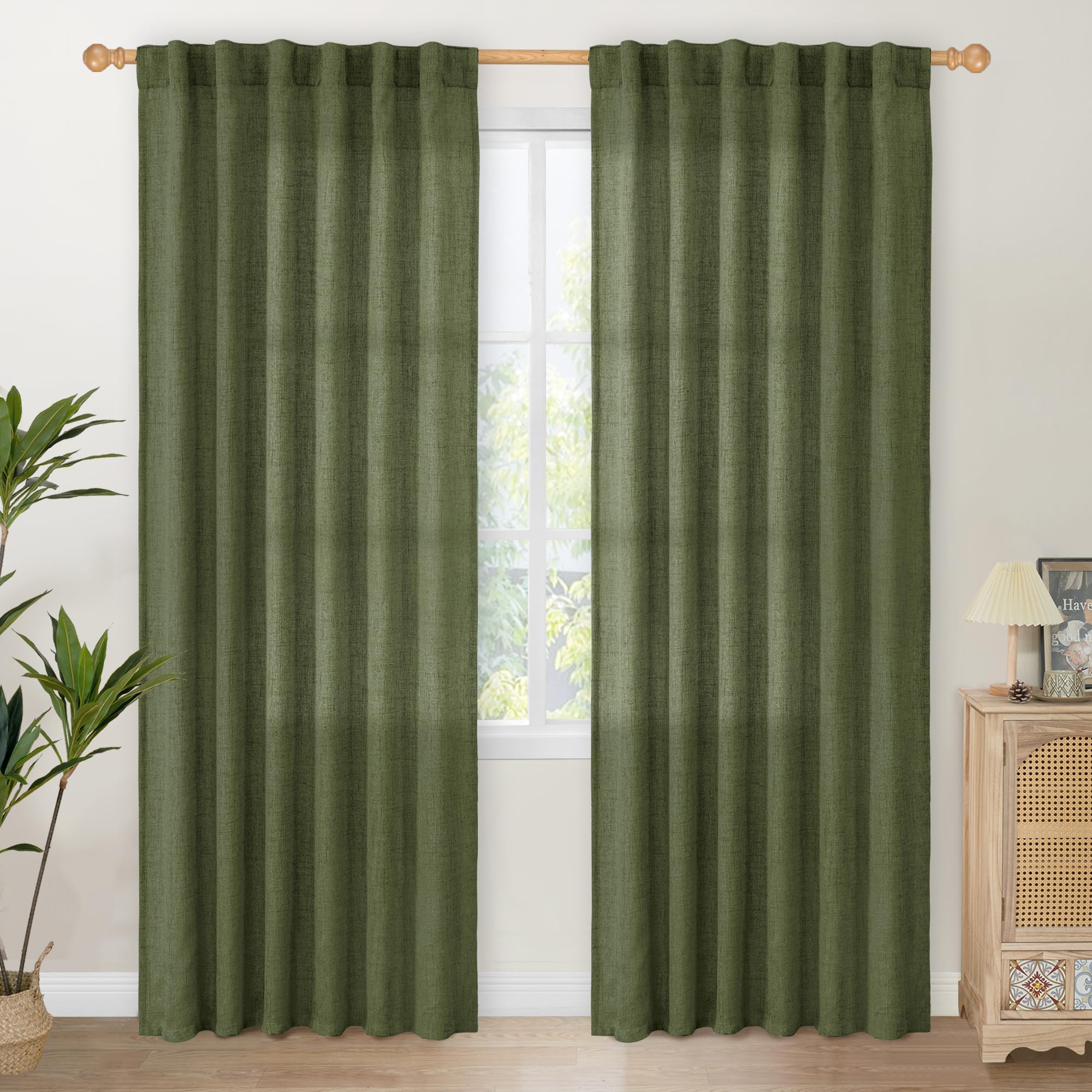 Olive Green Linen Curtains 80 Inch Length for Living Room (2 Count)