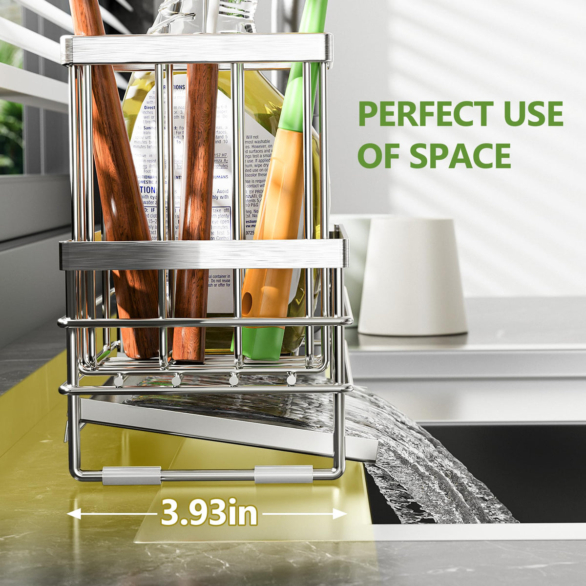 Sink Caddy Sponge Holder for Kitchen with Brush Holder and Stainless Steel Self Drain Tray