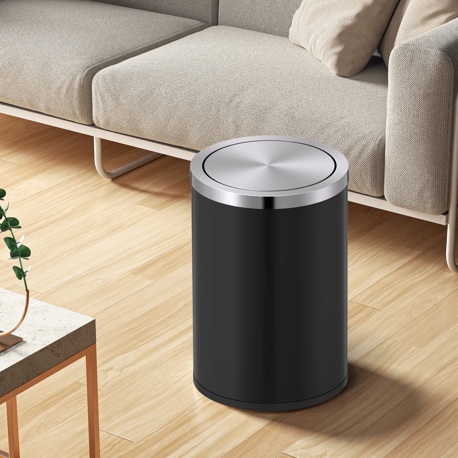 2.4 Gallons Matte Black Swing Lid Stainless Steel Trash Can