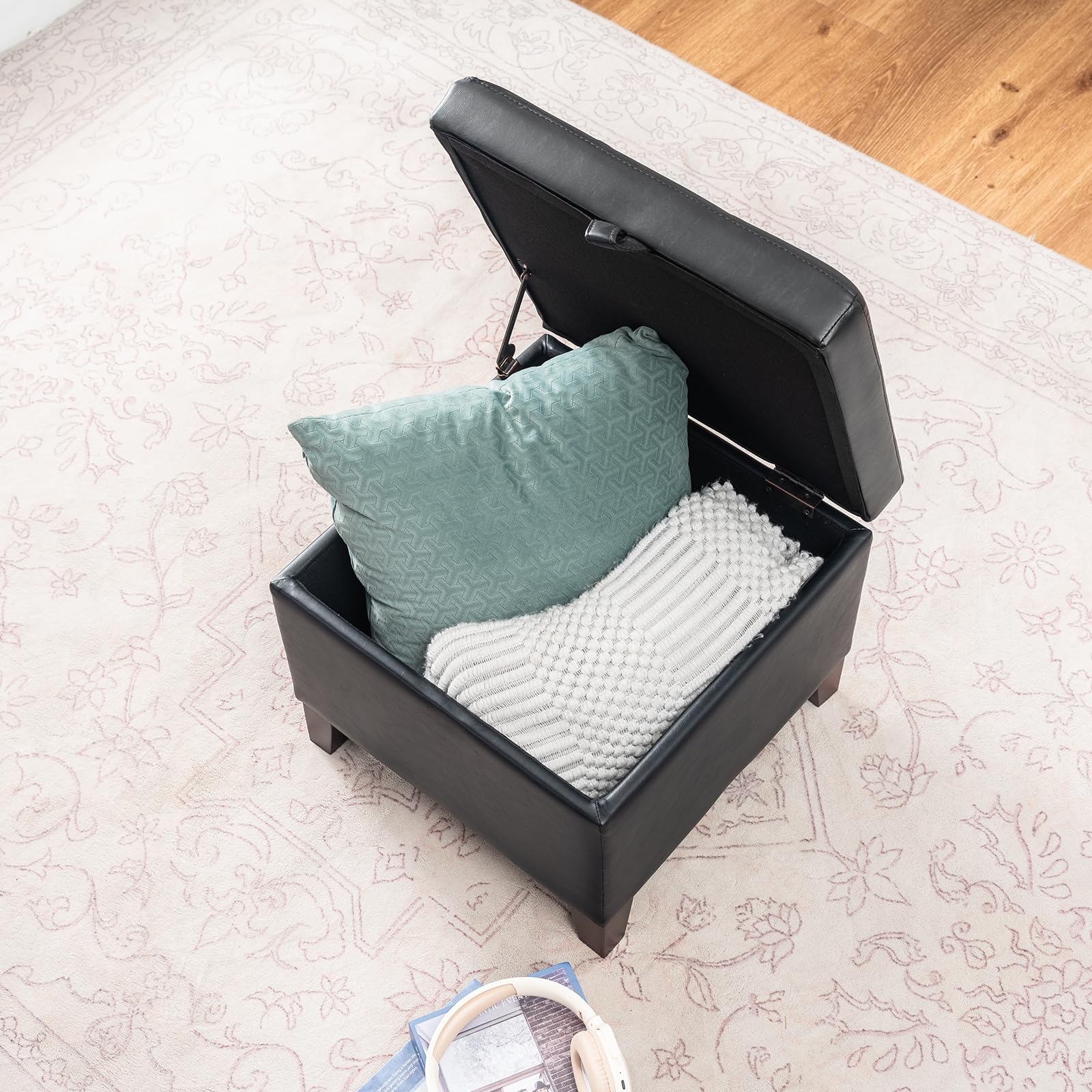 17.7" Square Faux Leather Storage Ottoman