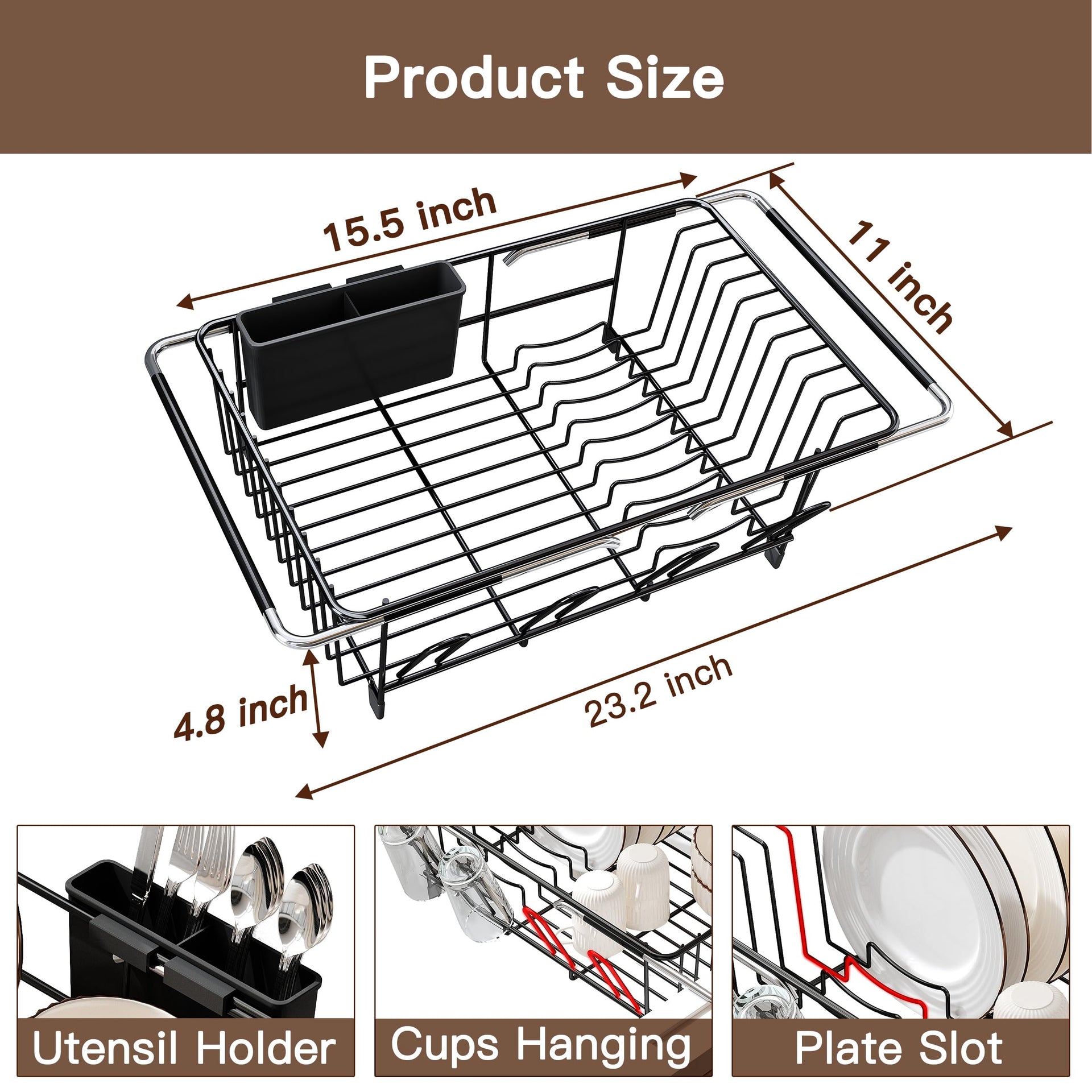 Over the Sink Expandable Dish Drainer Drying Rack In Stainless Steel for Small Kitchen